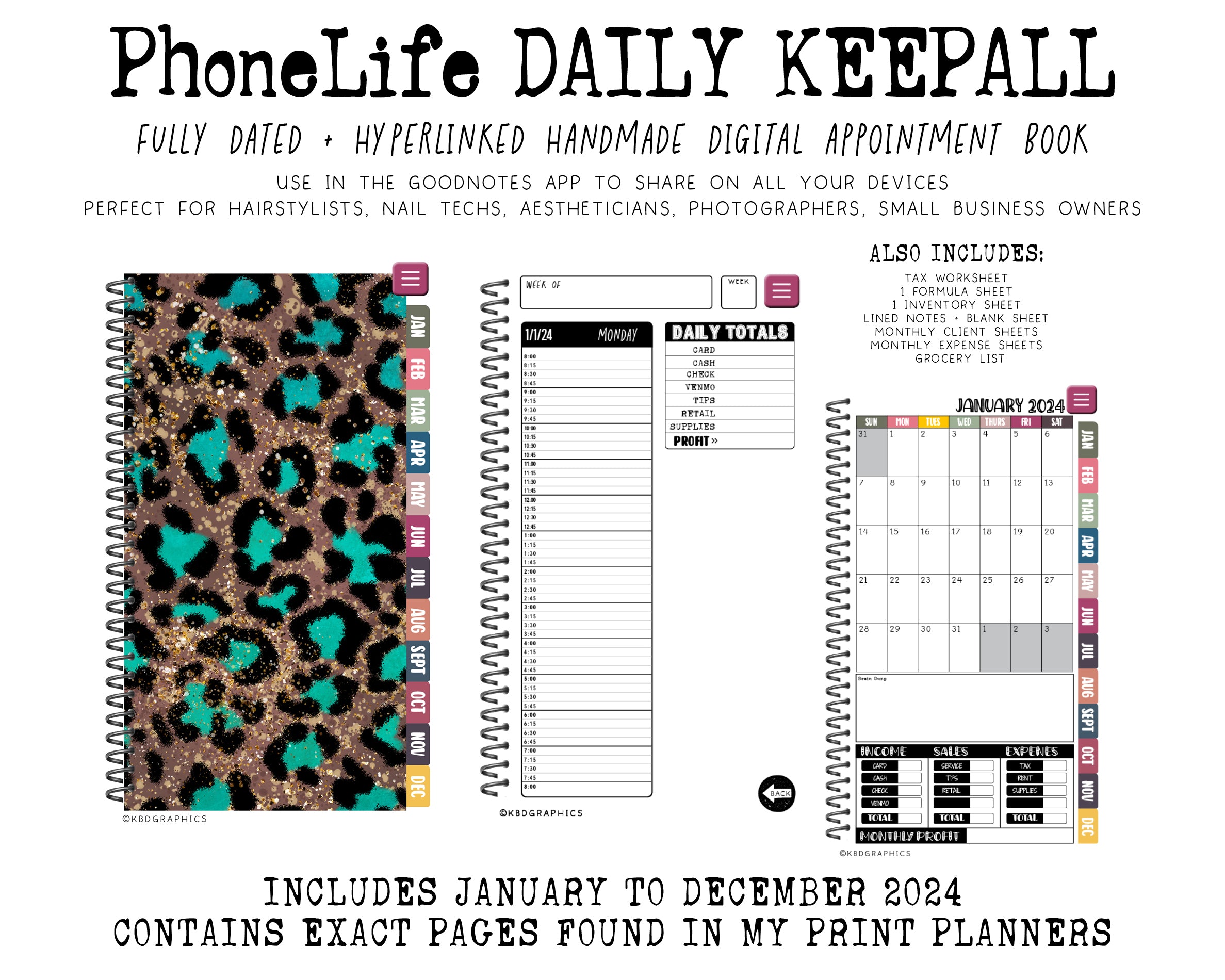 2024 PhoneLife Daily Keepall Digital Planner | AQUA CHEETAH