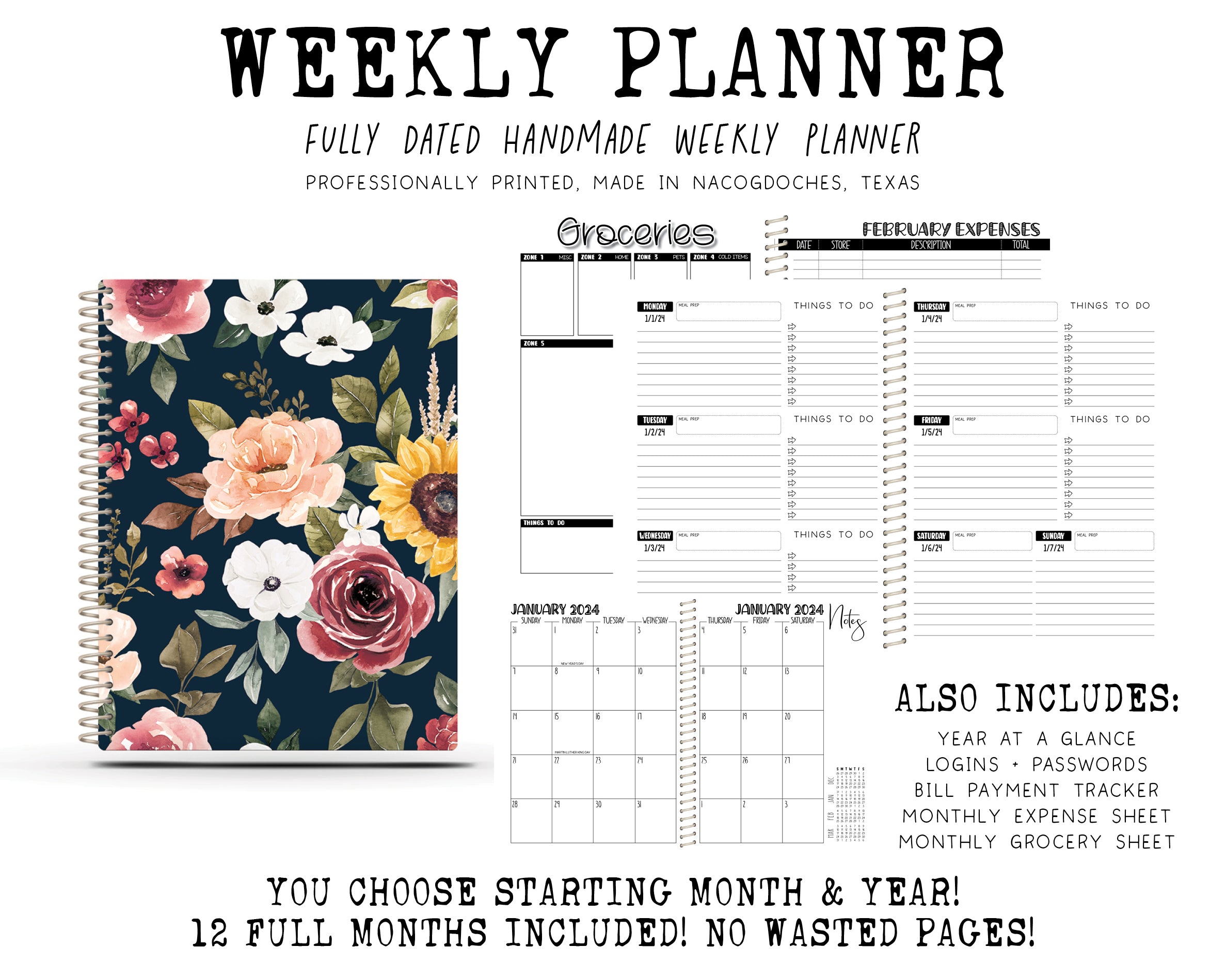 2024 Printed Weekly Planner - AUTUMN NAVY FLORAL
