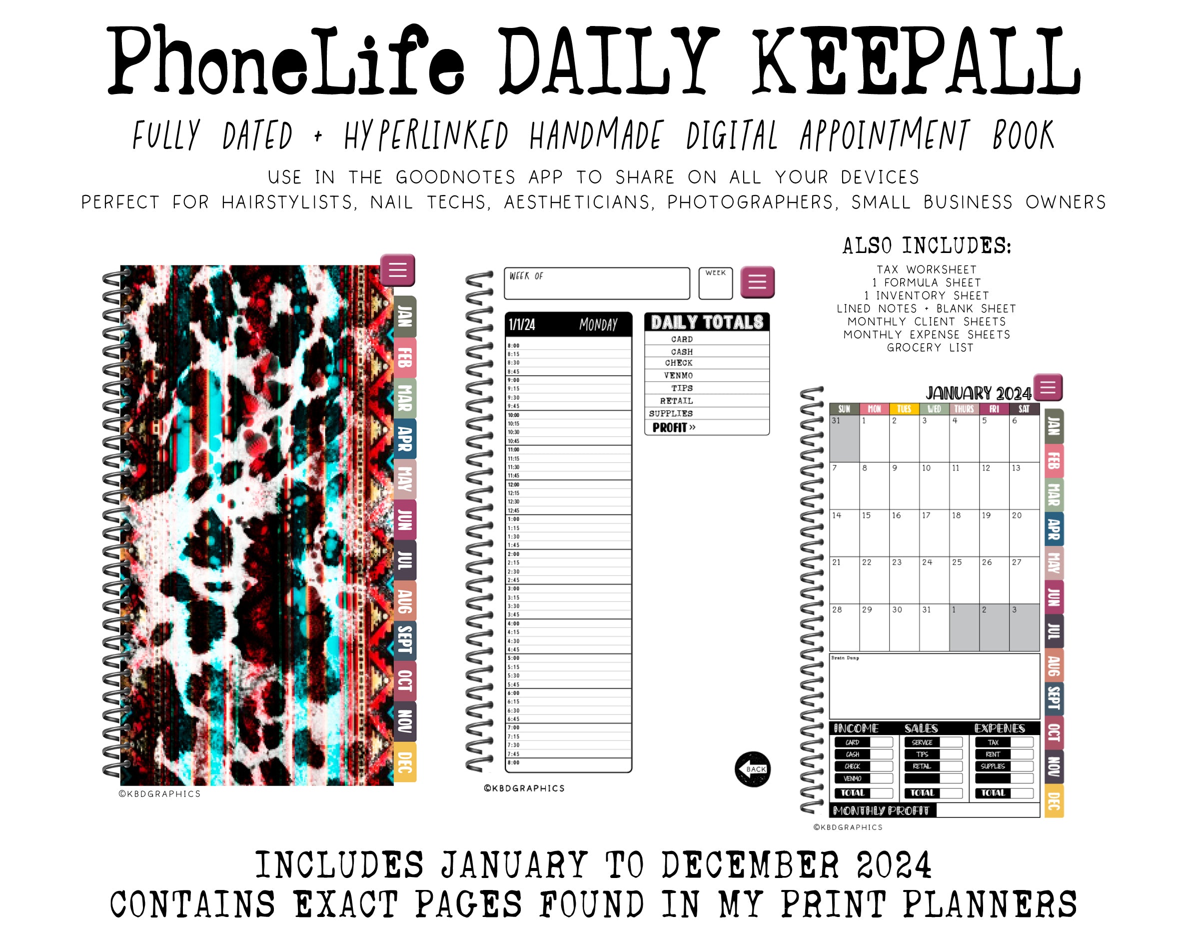 2024 PhoneLife Daily Keepall Digital Planner | BLACK COWHIDE AZTEC