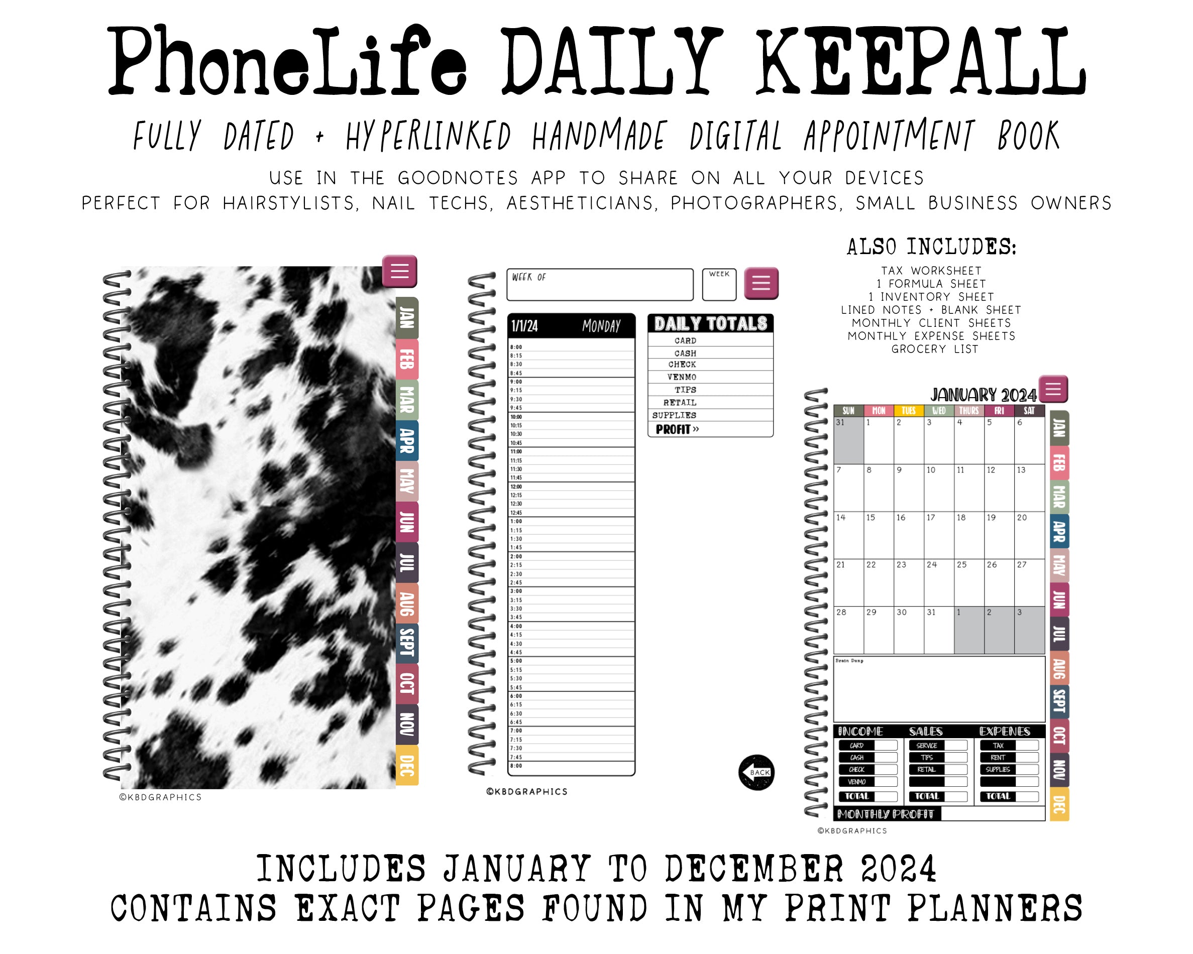 2024 PhoneLife Daily Keepall Digital Planner | BLACK COWHIDE
