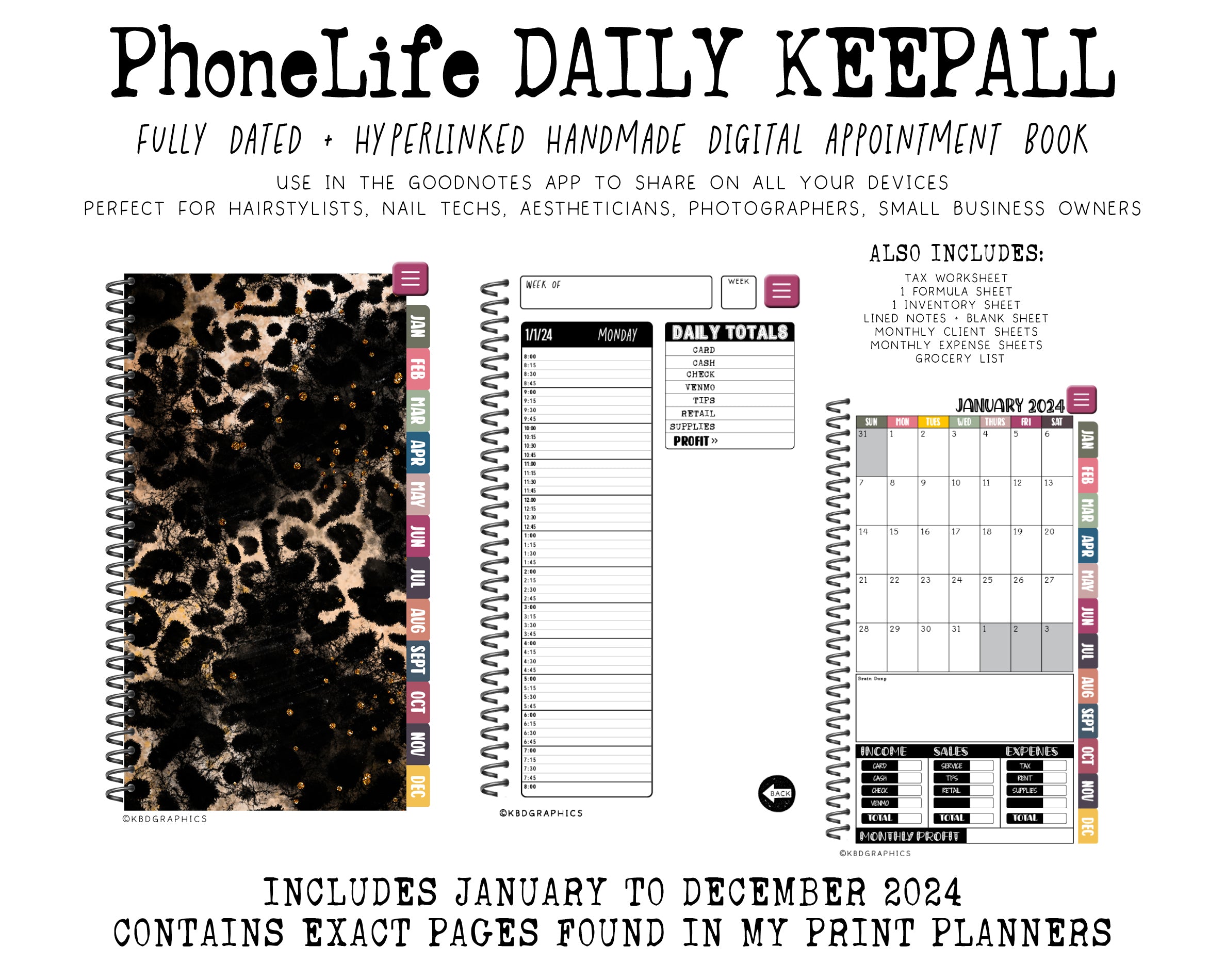 2024 PhoneLife Daily Keepall Digital Planner | BLACK GLITTER LEOPARD