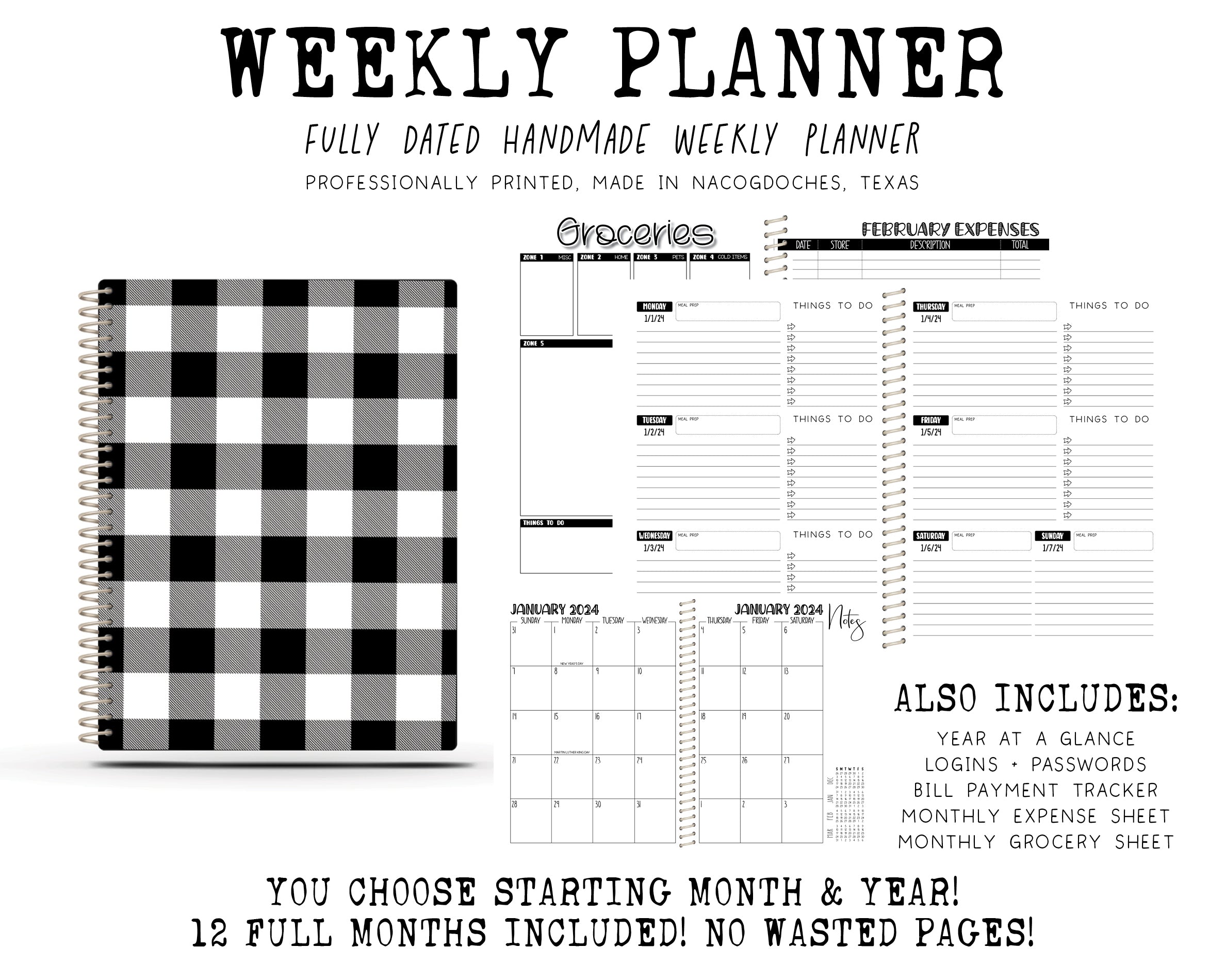 2024 Printed Weekly Planner - BW BUFFALO PLAID
