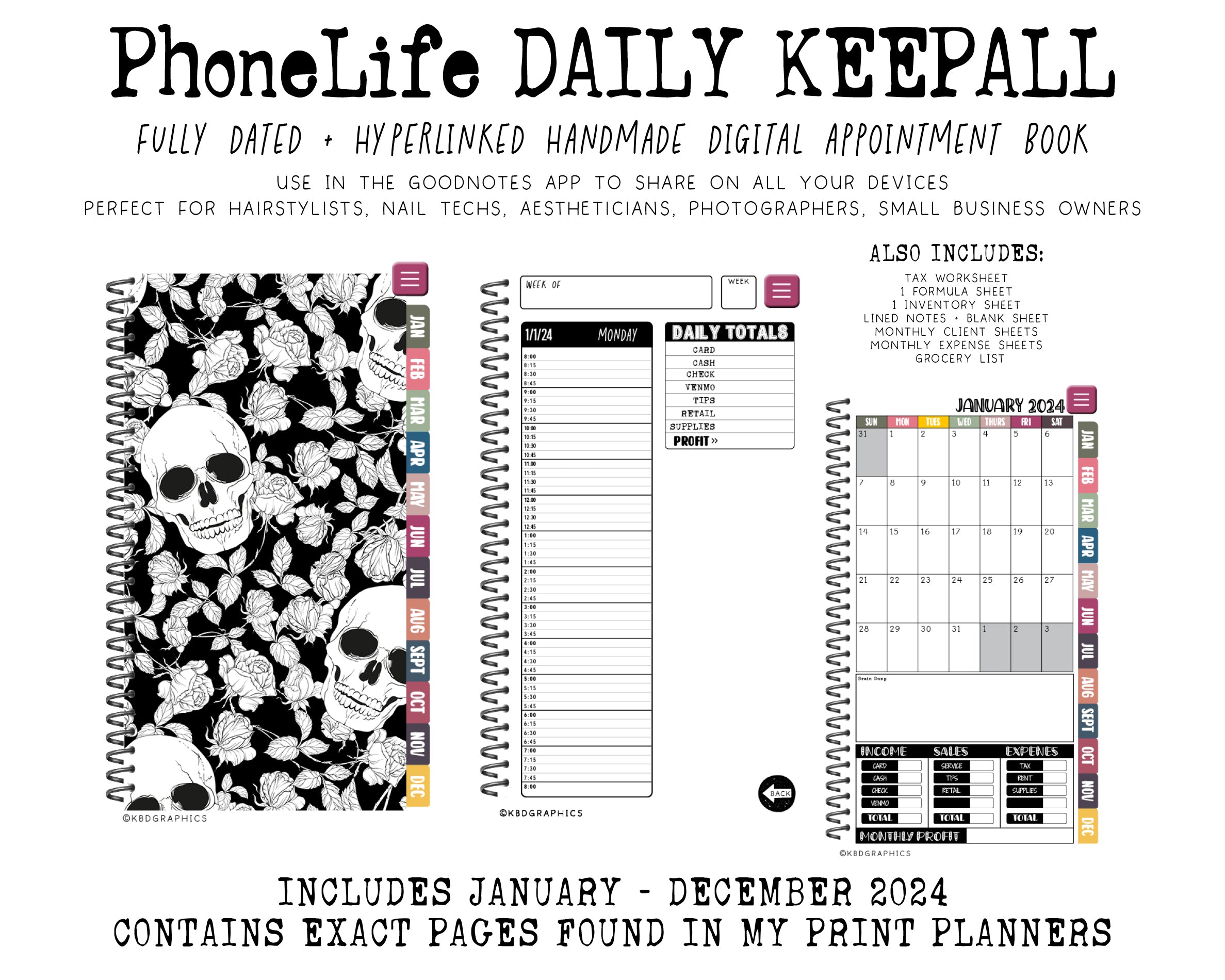 2024 PhoneLife Daily Keepall Digital Planner | BW SKULLS