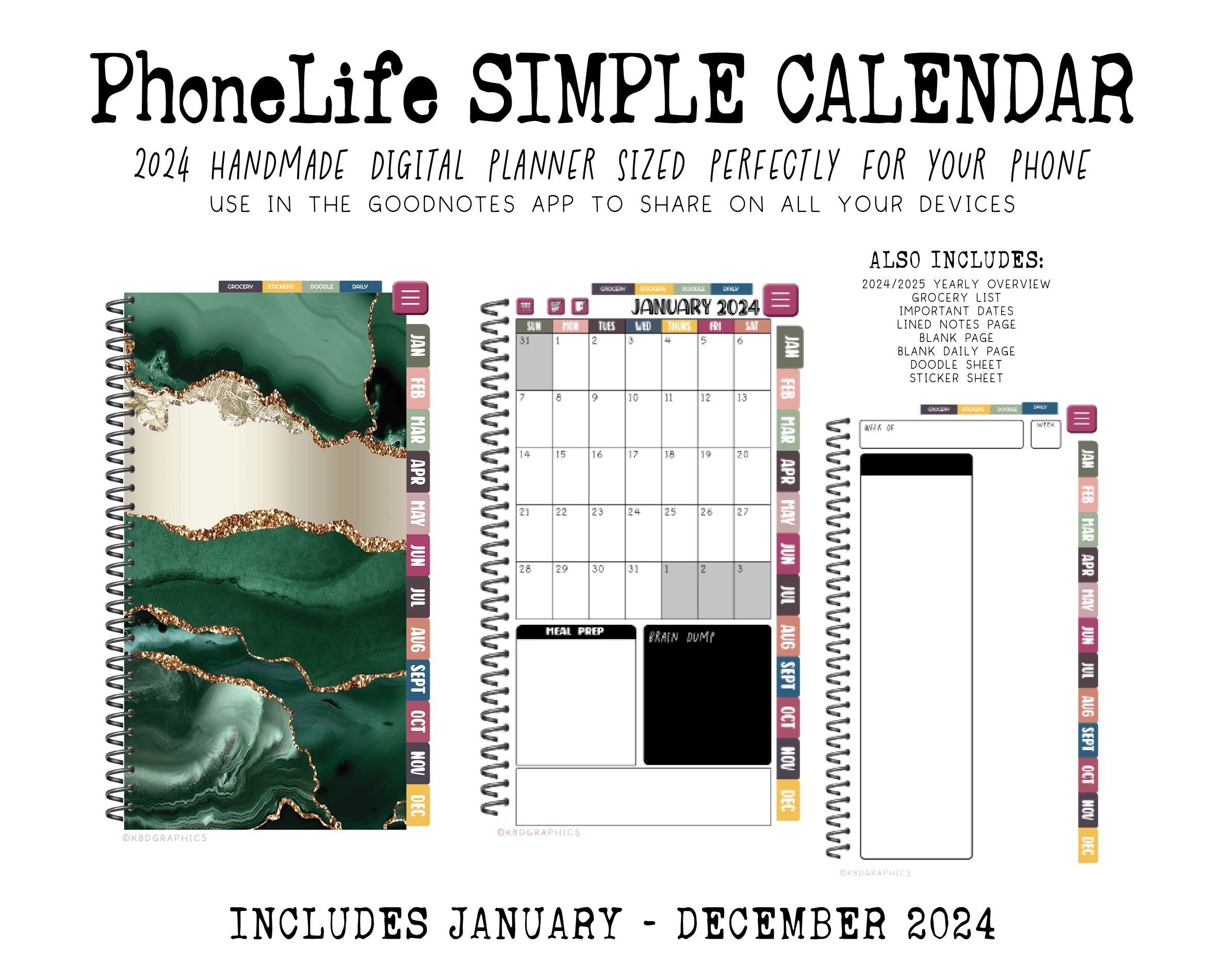 2024 PhoneLife Simple Calendar Digital Planner - EMERALD GOLD GLAM