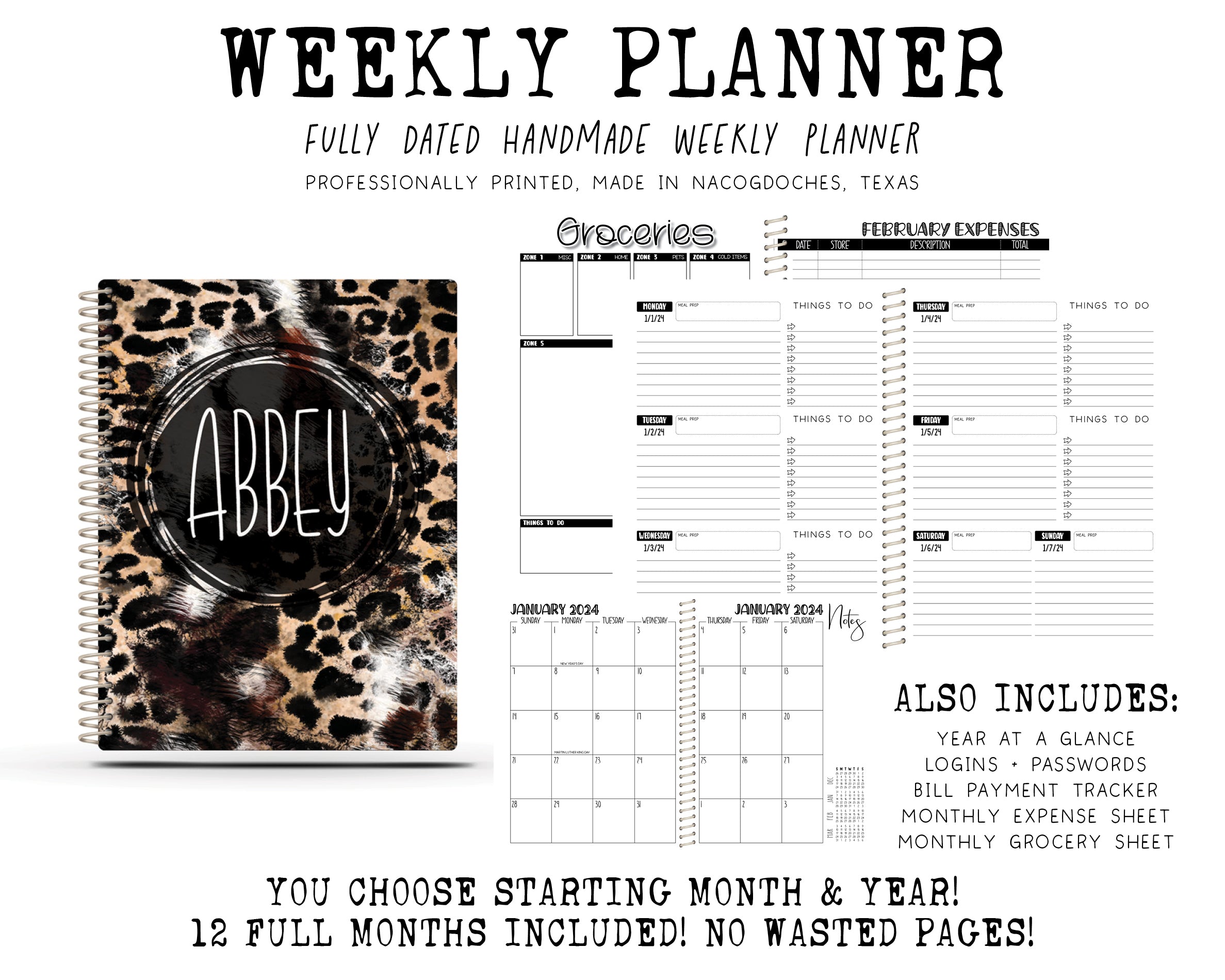 2024 Printed Weekly Planner - LEOPARD COWHIDE