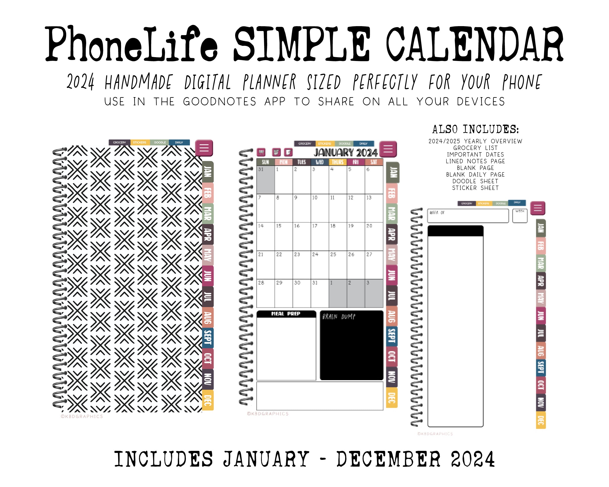2024 PhoneLife Simple Calendar Digital Planner - MUDCLOTH 5