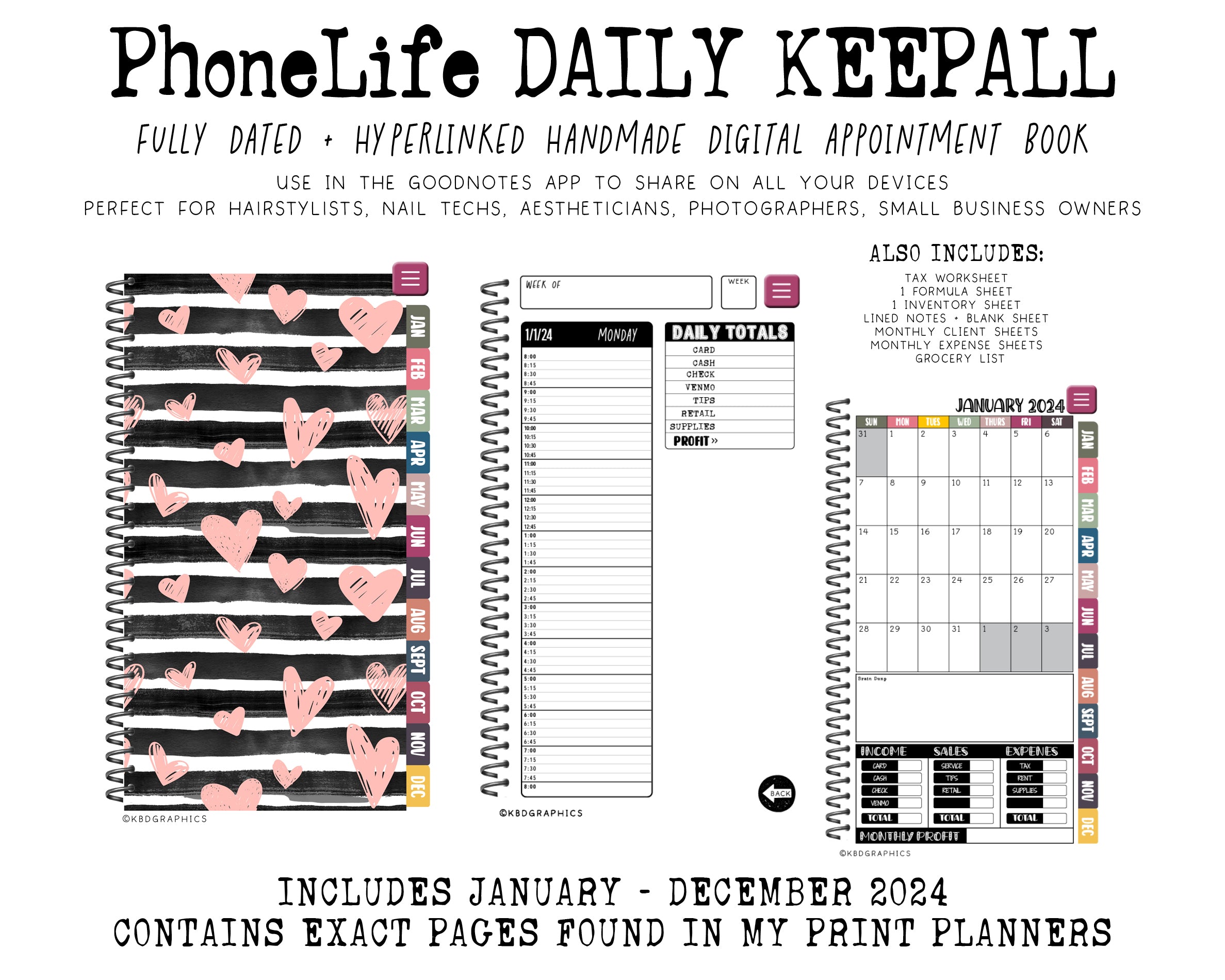 2024 PhoneLife Daily Keepall Digital Planner | BLACK LINED HEARTS
