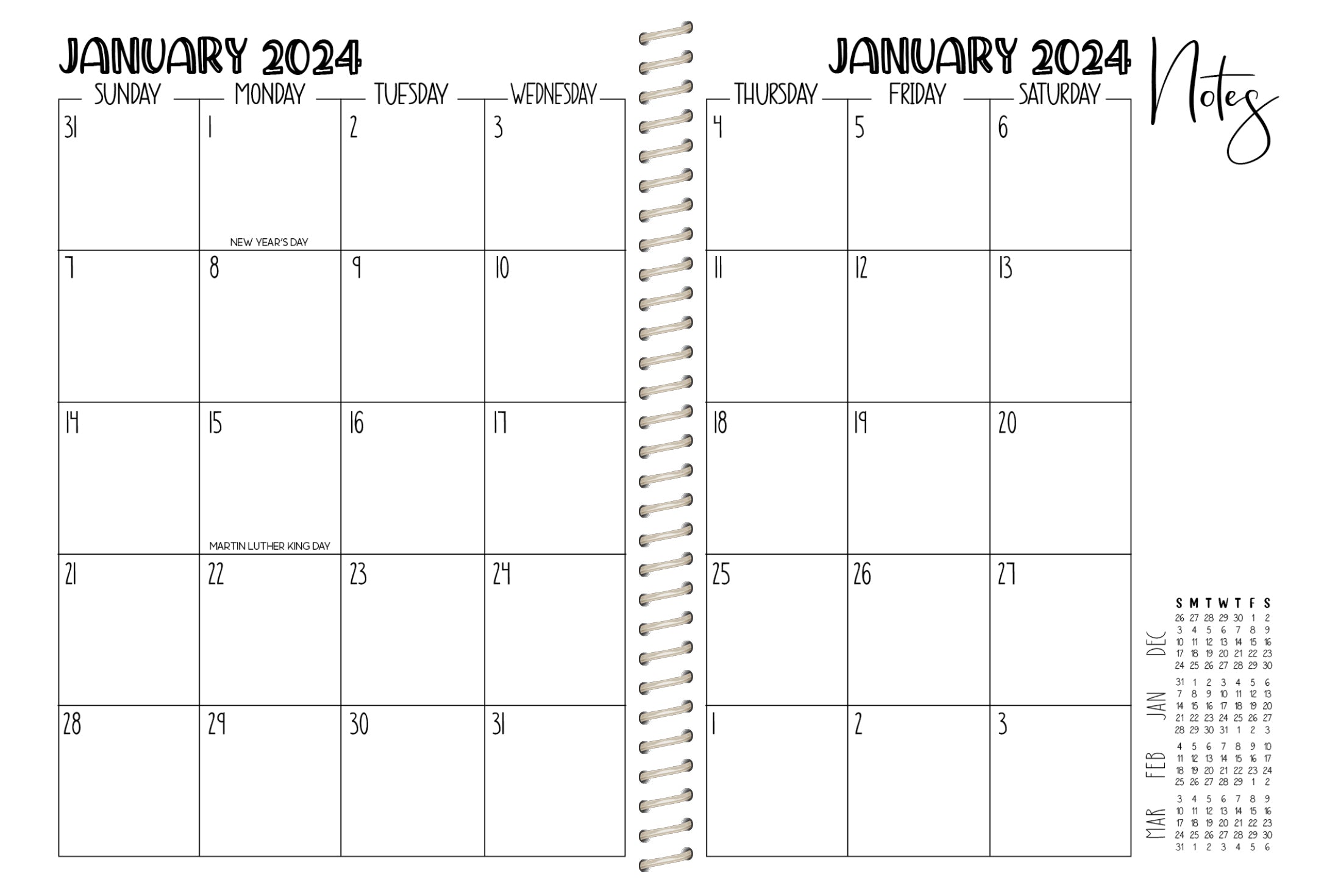 2024 Printed Weekly Planner - BLACK LINED HEARTS