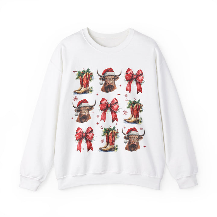 Gildan Festive Holiday Bull Sweatshirt | Unisex Christmas Crewneck featuring Santa Hats & Bows