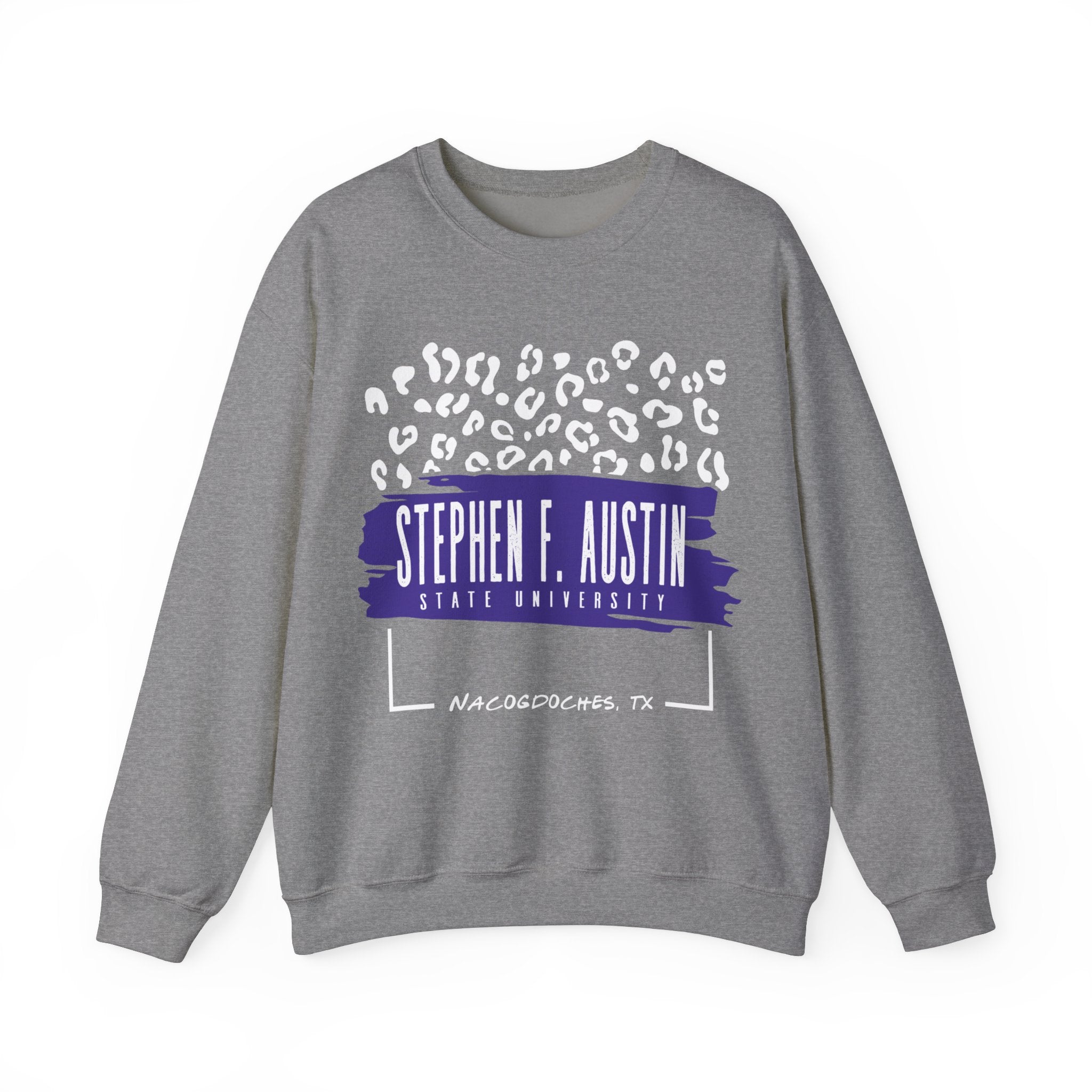 Gildan Unisex Heavy Blend™ Crewneck Collegiate Sweatshirt | SFASU  | LEOPARD Stephen. F. Austin State University