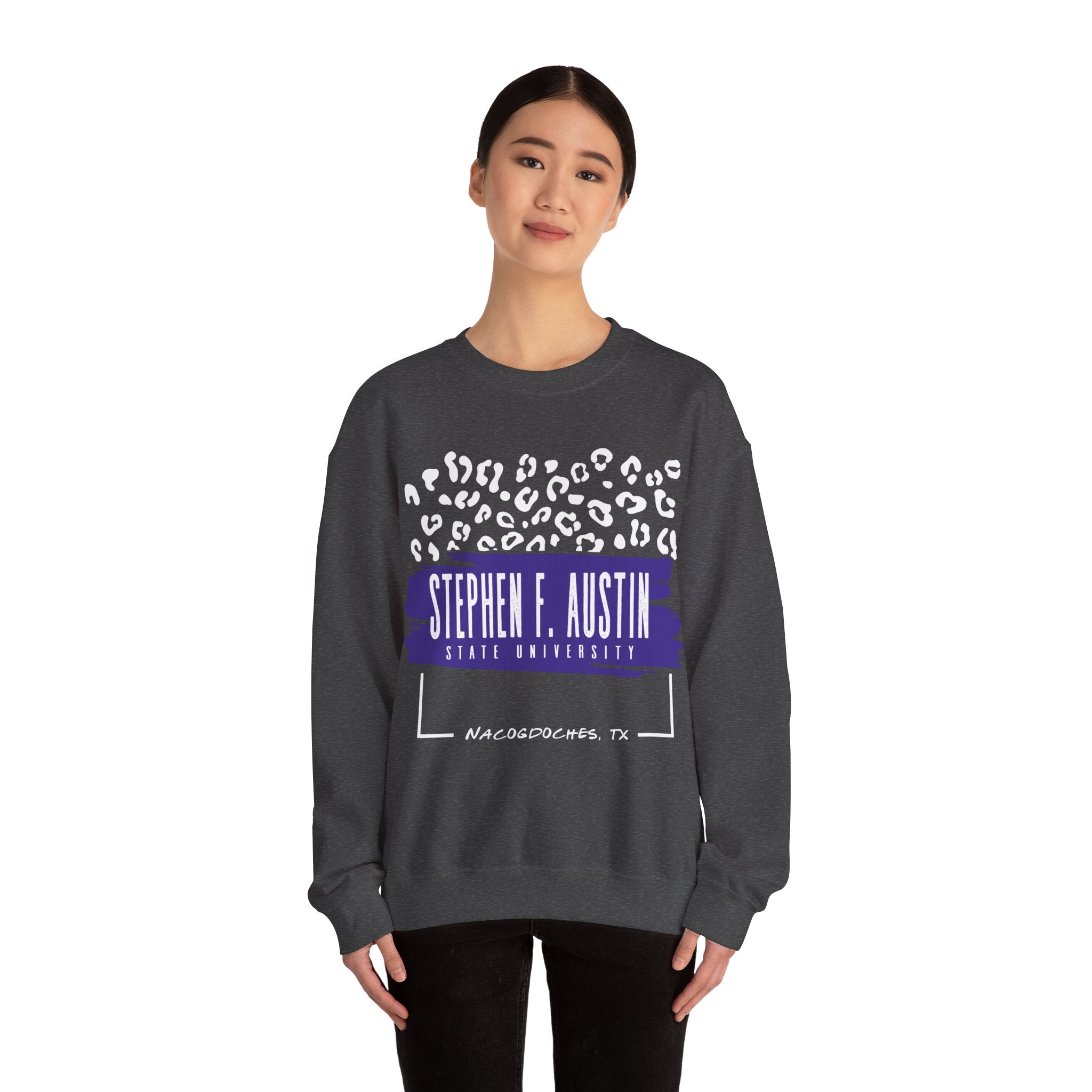 Gildan Unisex Heavy Blend™ Crewneck Collegiate Sweatshirt | SFASU  | LEOPARD Stephen. F. Austin State University