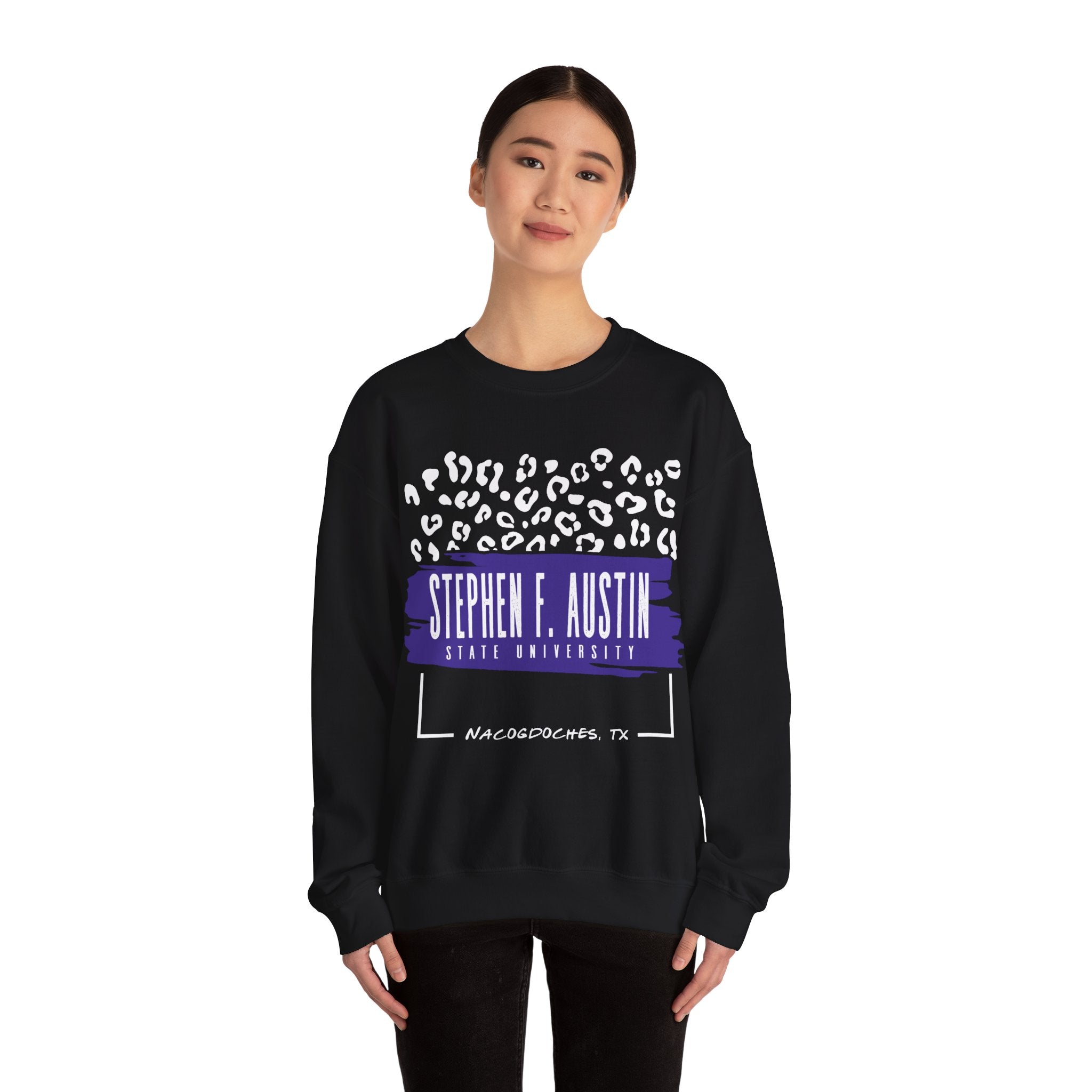 Gildan Unisex Heavy Blend™ Crewneck Collegiate Sweatshirt | SFASU  | LEOPARD Stephen. F. Austin State University
