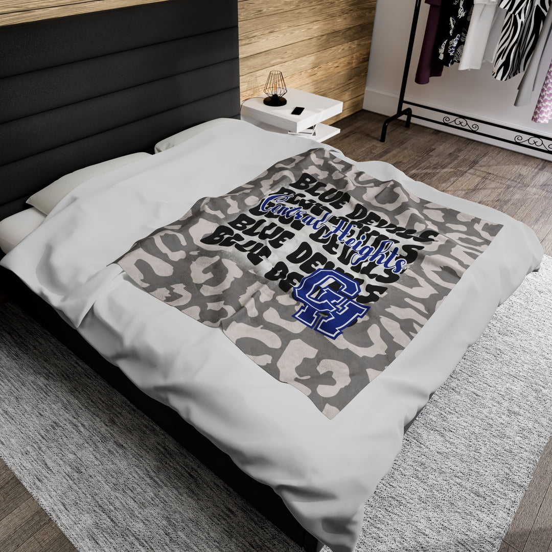 School Spirit Blanket | CENTRAL HEIGHTS BLUE DEVILS | STACKED GRAY LEOPARD
