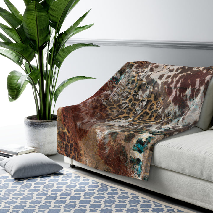 Sherpa Fleece Blanket | AQUA LEOPARD COWHIDE