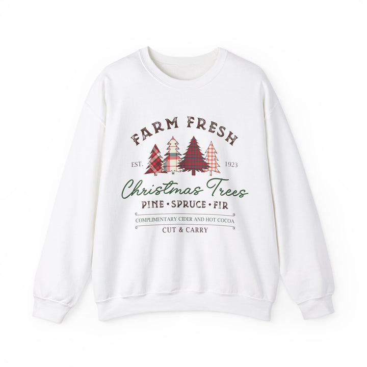 Gildan Farm Fresh Christmas Trees Crewneck Sweatshirt | Cozy Holiday Sweatshirt with Pine & Spruce Design