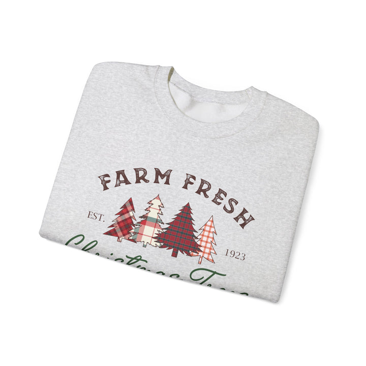 Gildan Farm Fresh Christmas Trees Crewneck Sweatshirt | Cozy Holiday Sweatshirt with Pine & Spruce Design