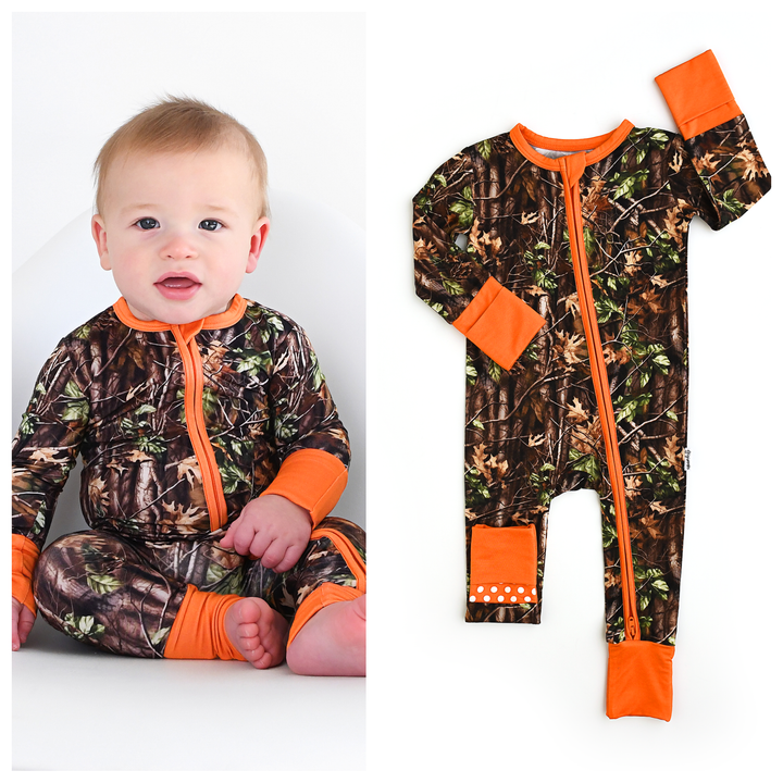 Hunter Camo Gigi & Max Newborn Zip Bamboo Onesie