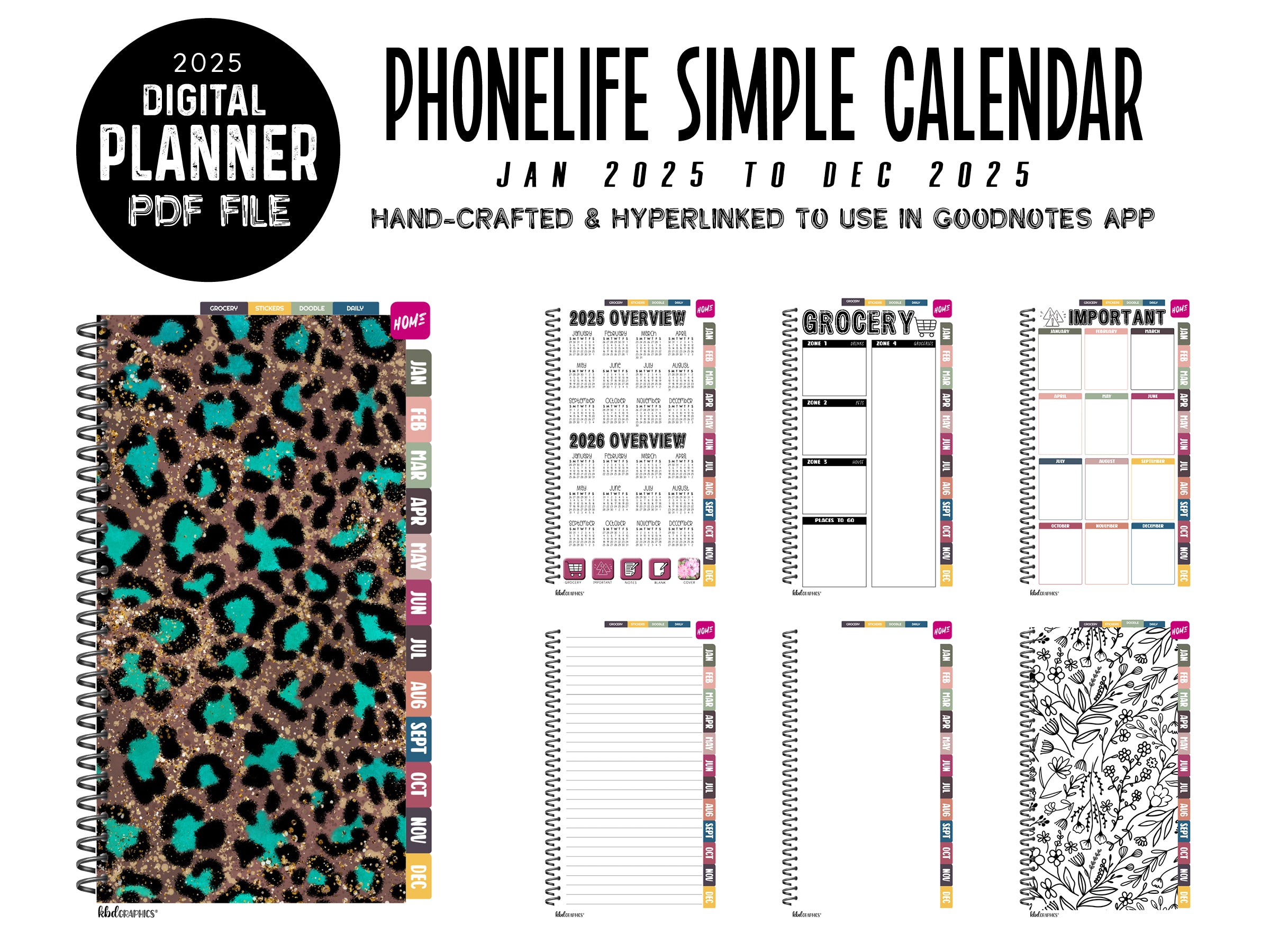2025 PhoneLife Simple Calendar Digital Planner | JAN 2025 TO DEC 2025 | AQUA CHEETAH