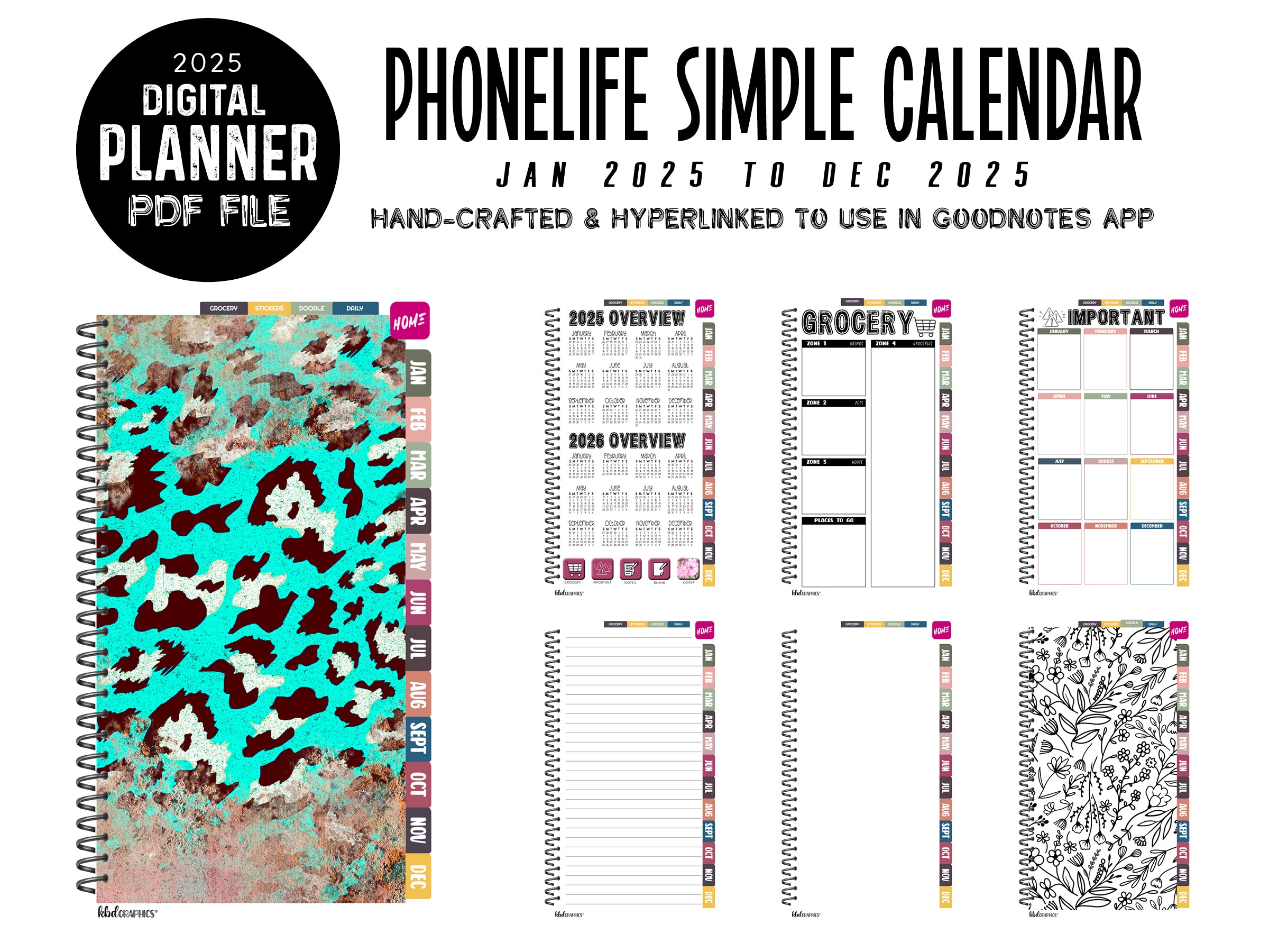 2025 PhoneLife Simple Calendar Digital Planner | JAN 2025 TO DEC 2025 | AQUA RUST LEOPARD
