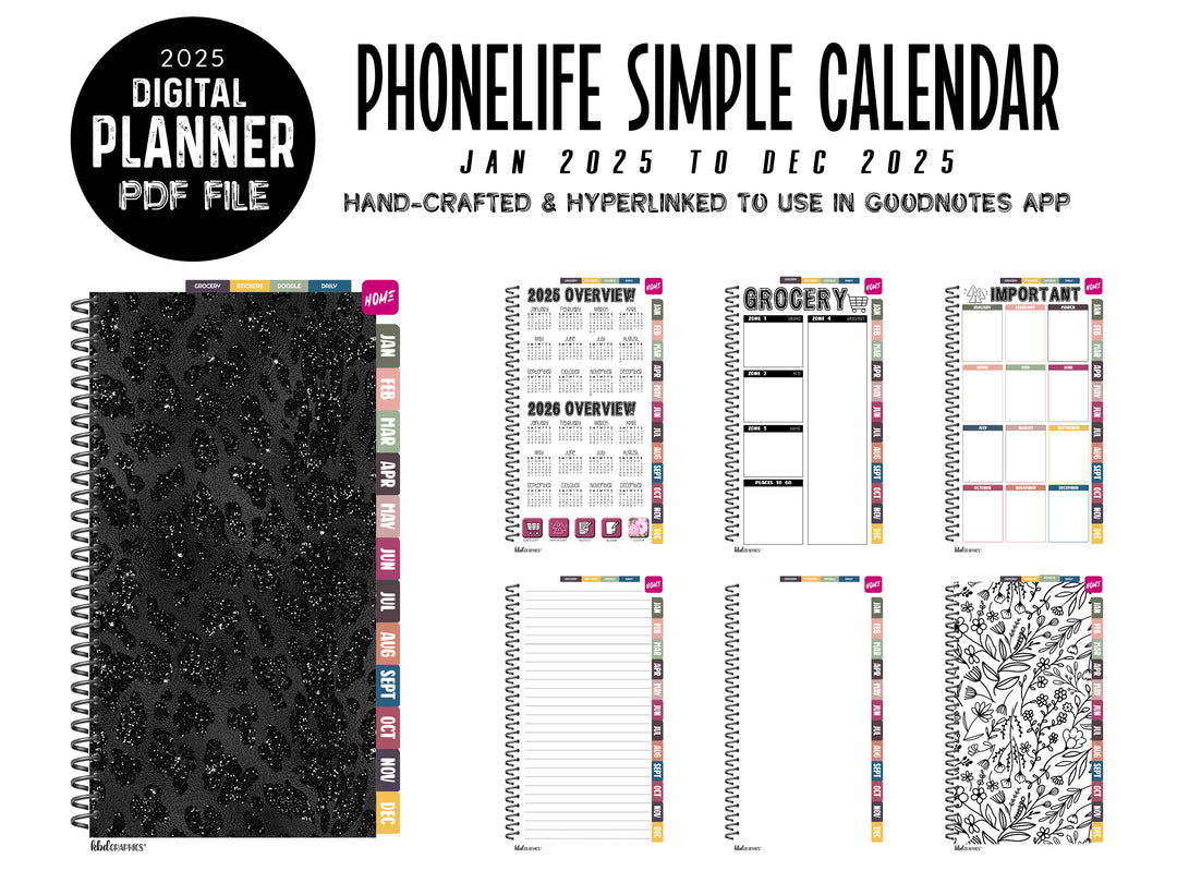 2025 PhoneLife Simple Calendar Digital Planner | JAN 2025 TO DEC 2025 | BLACK GLITTER LEOPARD