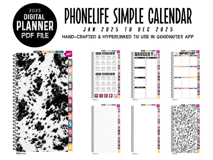 2025 PhoneLife Simple Calendar Digital Planner - BW COWHIDE