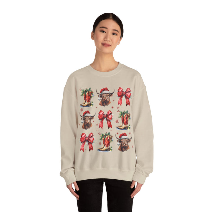 Gildan Festive Holiday Bull Sweatshirt | Unisex Christmas Crewneck featuring Santa Hats & Bows