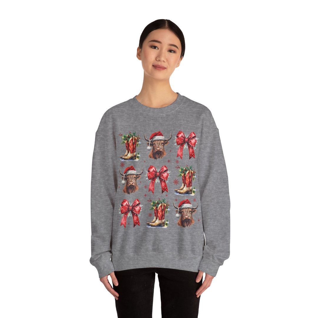 Gildan Festive Holiday Bull Sweatshirt | Unisex Christmas Crewneck featuring Santa Hats & Bows