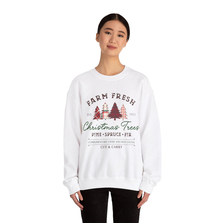 Gildan Farm Fresh Christmas Trees Crewneck Sweatshirt | Cozy Holiday Sweatshirt with Pine & Spruce Design