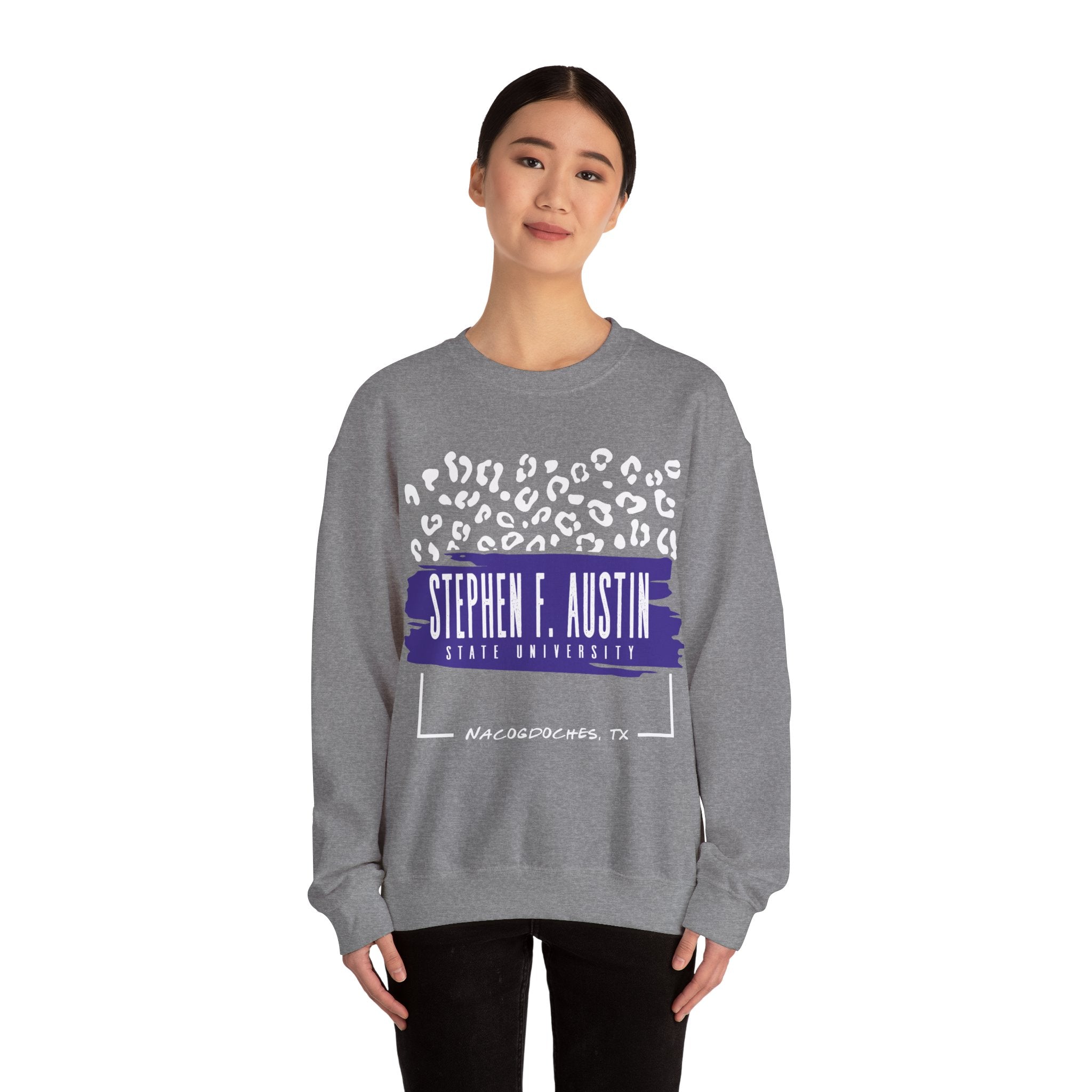 Gildan Unisex Heavy Blend™ Crewneck Collegiate Sweatshirt | SFASU  | LEOPARD Stephen. F. Austin State University