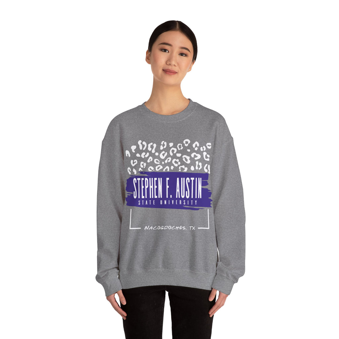 Gildan Unisex Heavy Blend™ Crewneck Collegiate Sweatshirt | SFASU  | LEOPARD Stephen. F. Austin State University