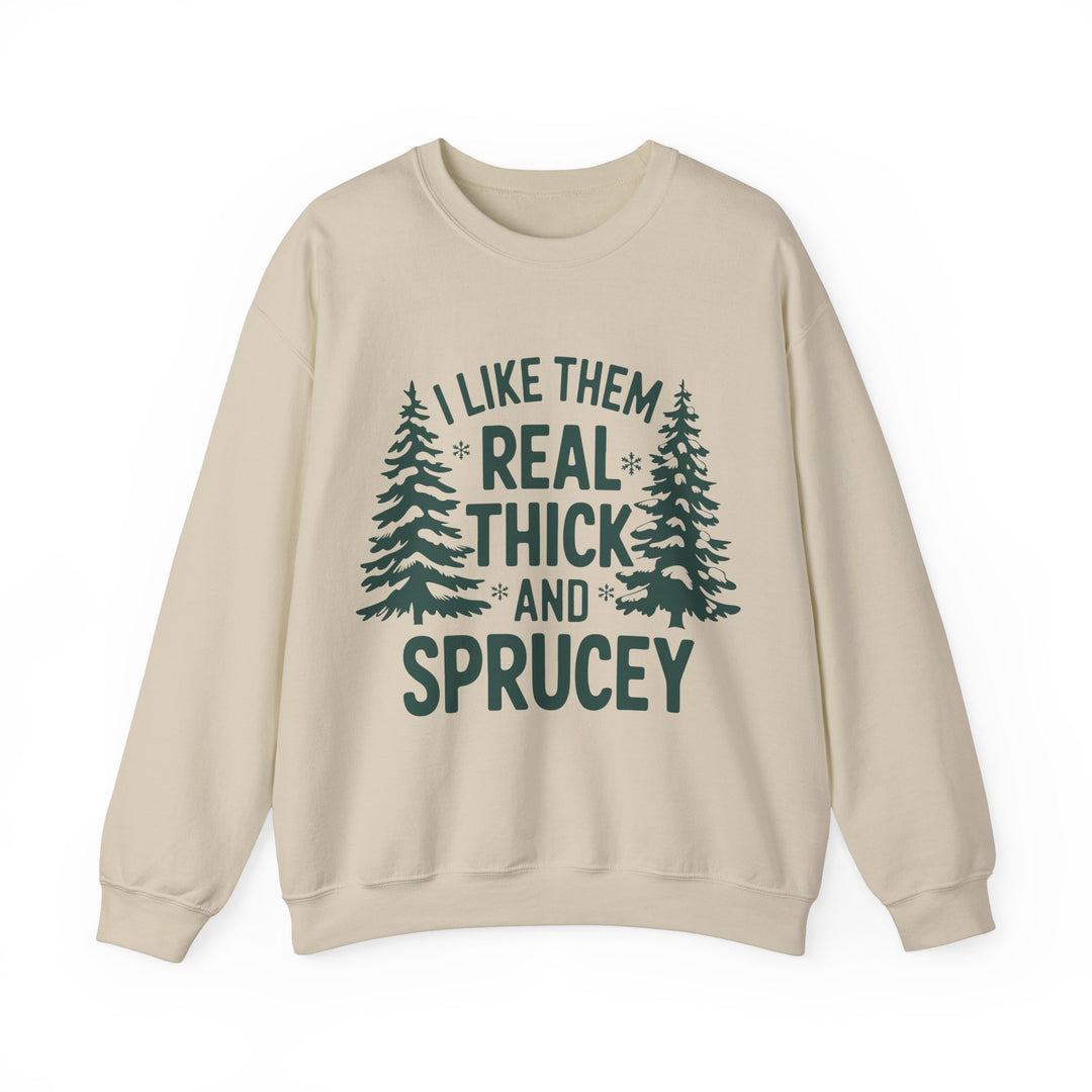 Gildan | I Like Them Real Thick and Spruce Unisex Crewneck Sweatshirt - Cozy Forest Vibes for Nature Lovers