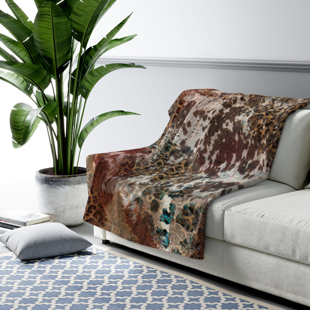 Sherpa Fleece Blanket | AQUA LEOPARD COWHIDE