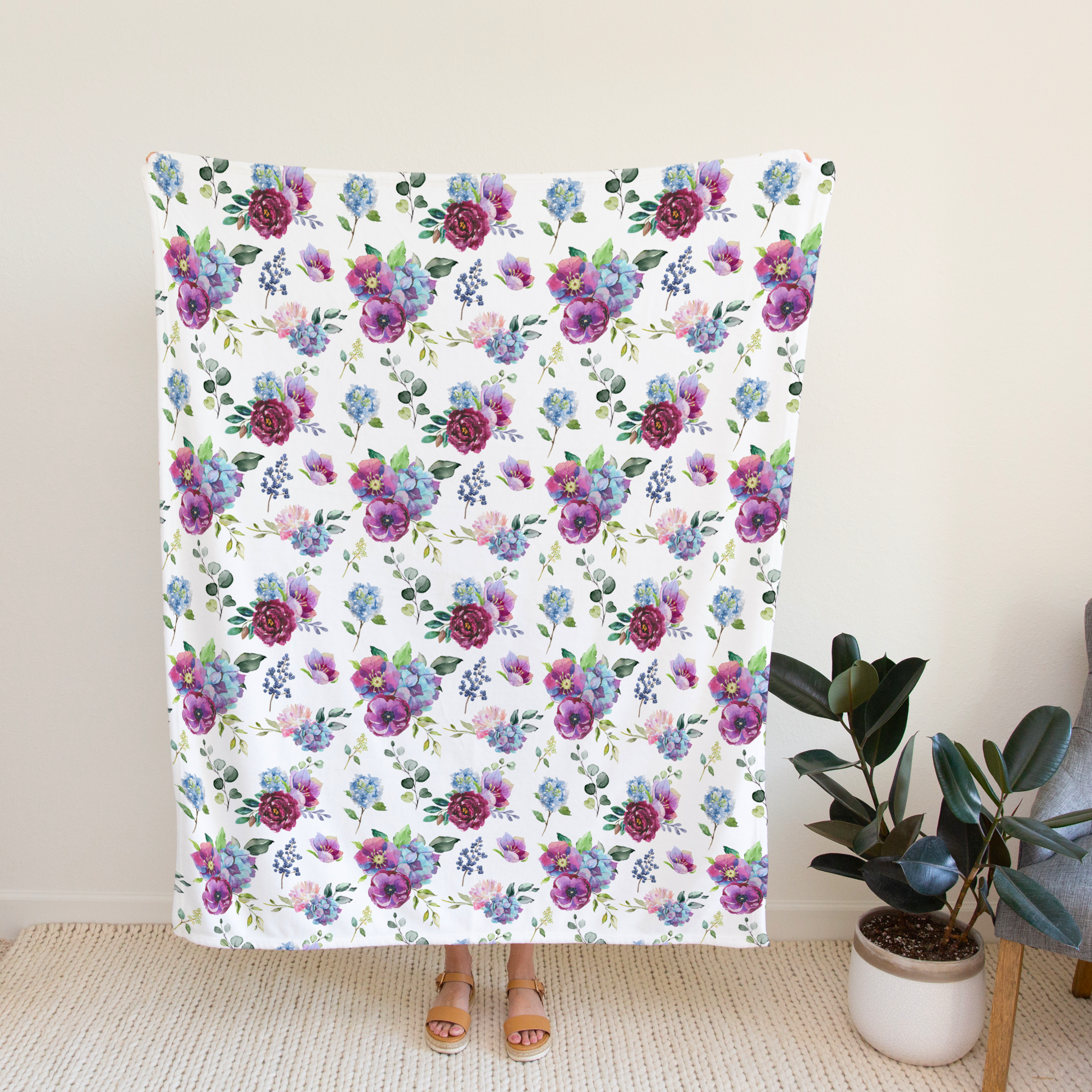 50x60 Adult Throw Minky Blanket - Blue Floral