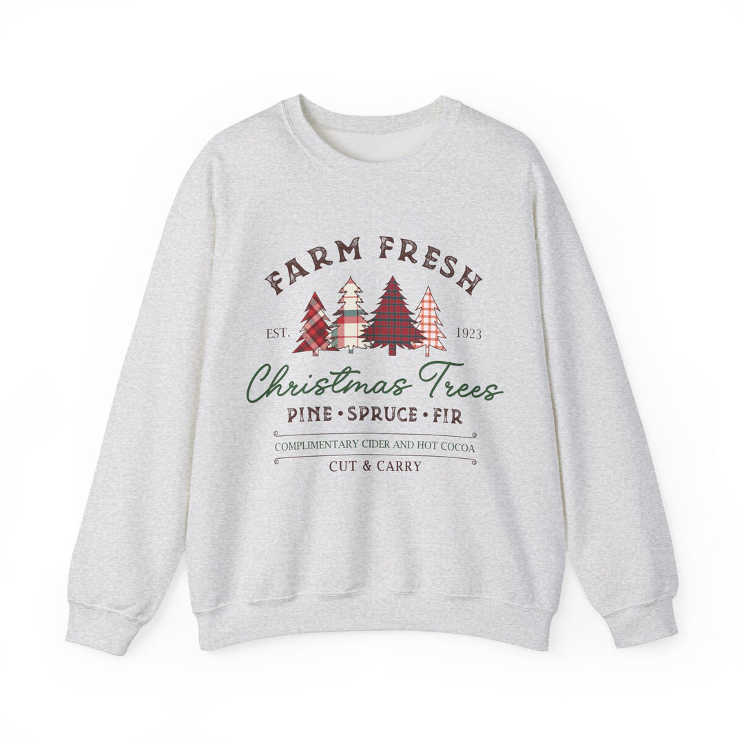 Gildan Farm Fresh Christmas Trees Crewneck Sweatshirt | Cozy Holiday Sweatshirt with Pine & Spruce Design