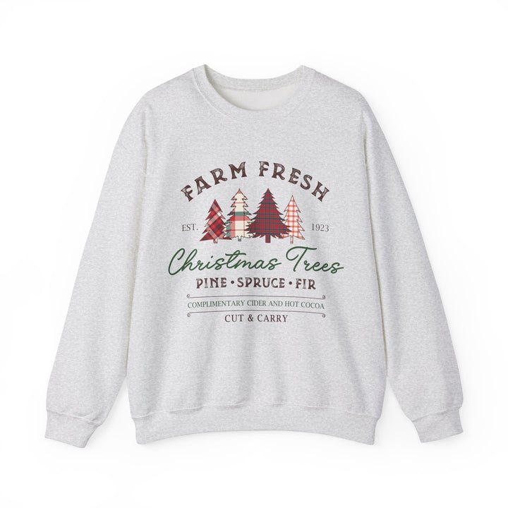 Gildan Farm Fresh Christmas Trees Crewneck Sweatshirt | Cozy Holiday Sweatshirt with Pine & Spruce Design