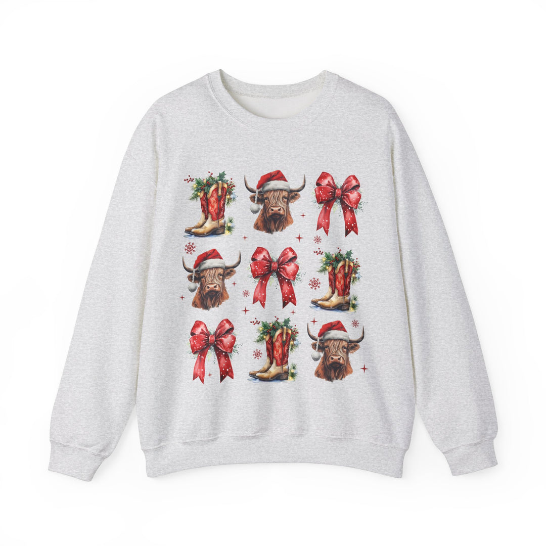 Gildan Festive Holiday Bull Sweatshirt | Unisex Christmas Crewneck featuring Santa Hats & Bows