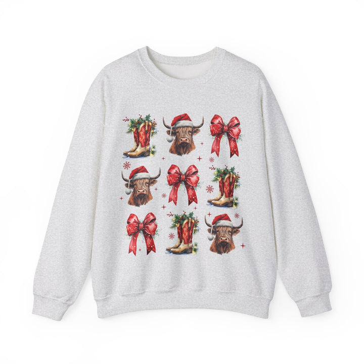 Gildan Festive Holiday Bull Sweatshirt | Unisex Christmas Crewneck featuring Santa Hats & Bows