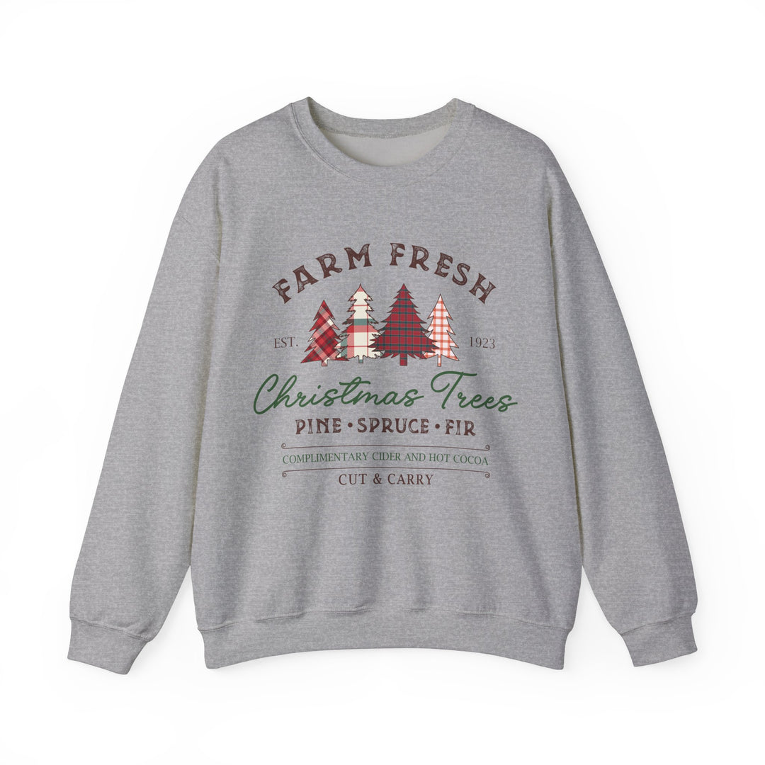 Gildan Farm Fresh Christmas Trees Crewneck Sweatshirt | Cozy Holiday Sweatshirt with Pine & Spruce Design