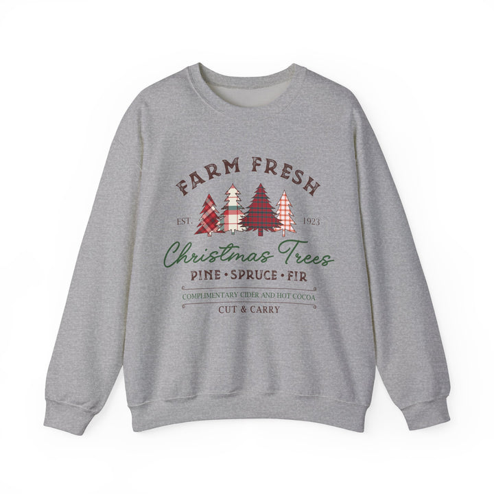 Gildan Farm Fresh Christmas Trees Crewneck Sweatshirt | Cozy Holiday Sweatshirt with Pine & Spruce Design