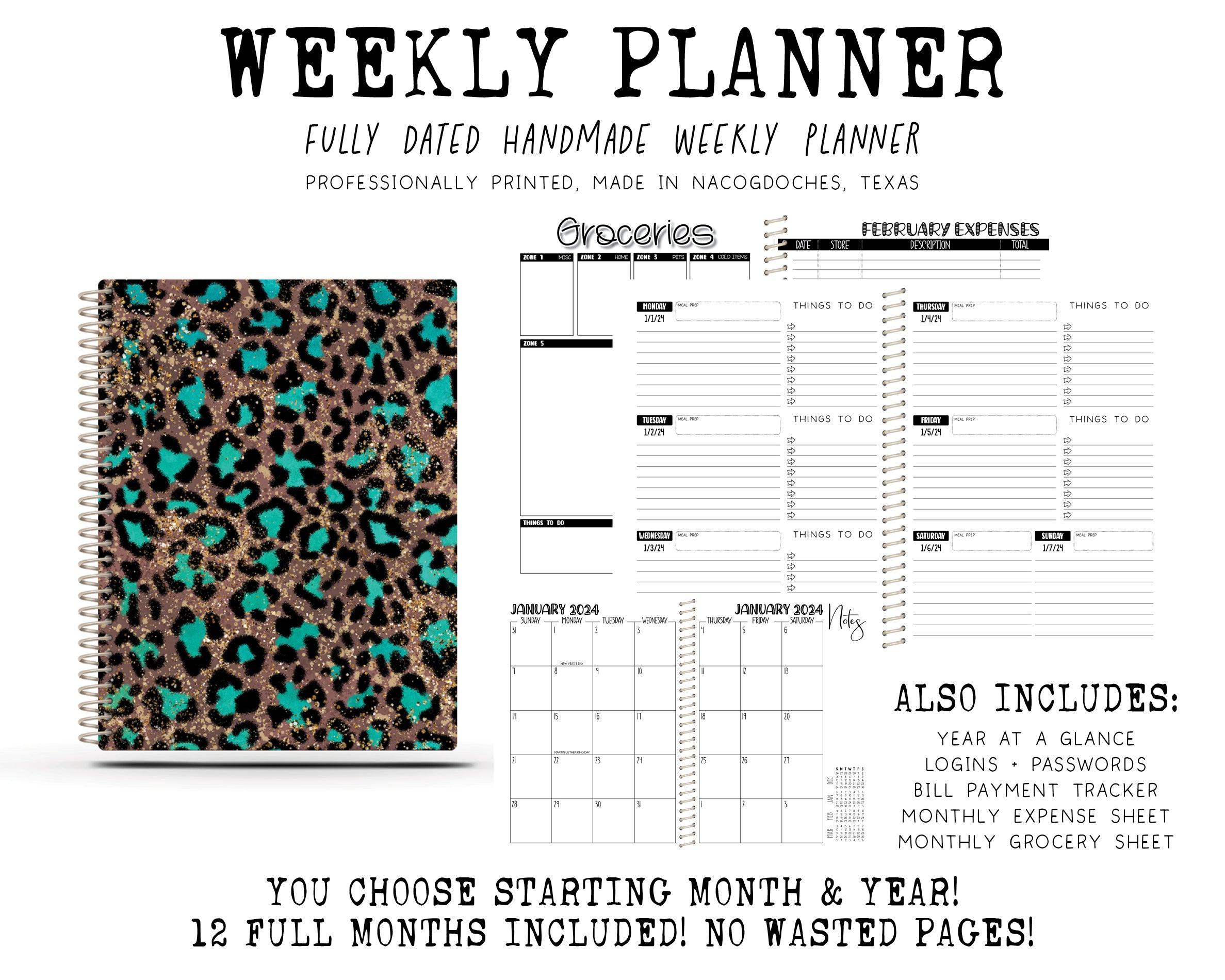 2024 Printed Weekly Planner - AQUA CHEETAH
