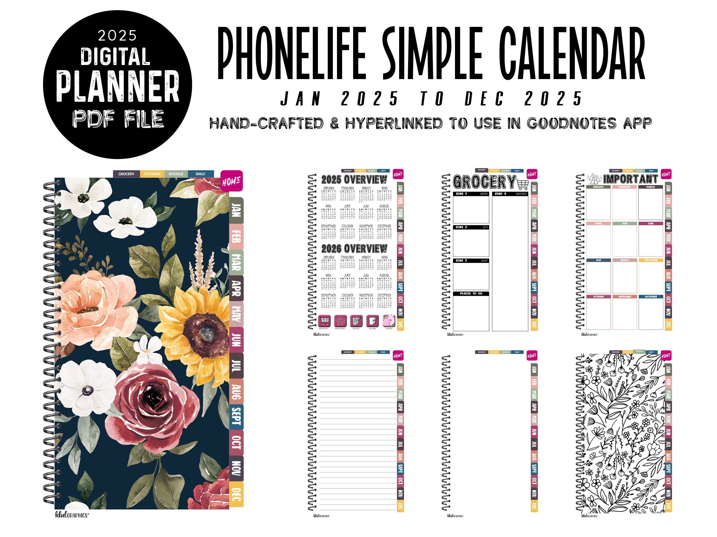 2025 PhoneLife Simple Calendar Digital Planner | JAN 2025 TO DEC 2025 | AUTUMN NAVY FLORAL