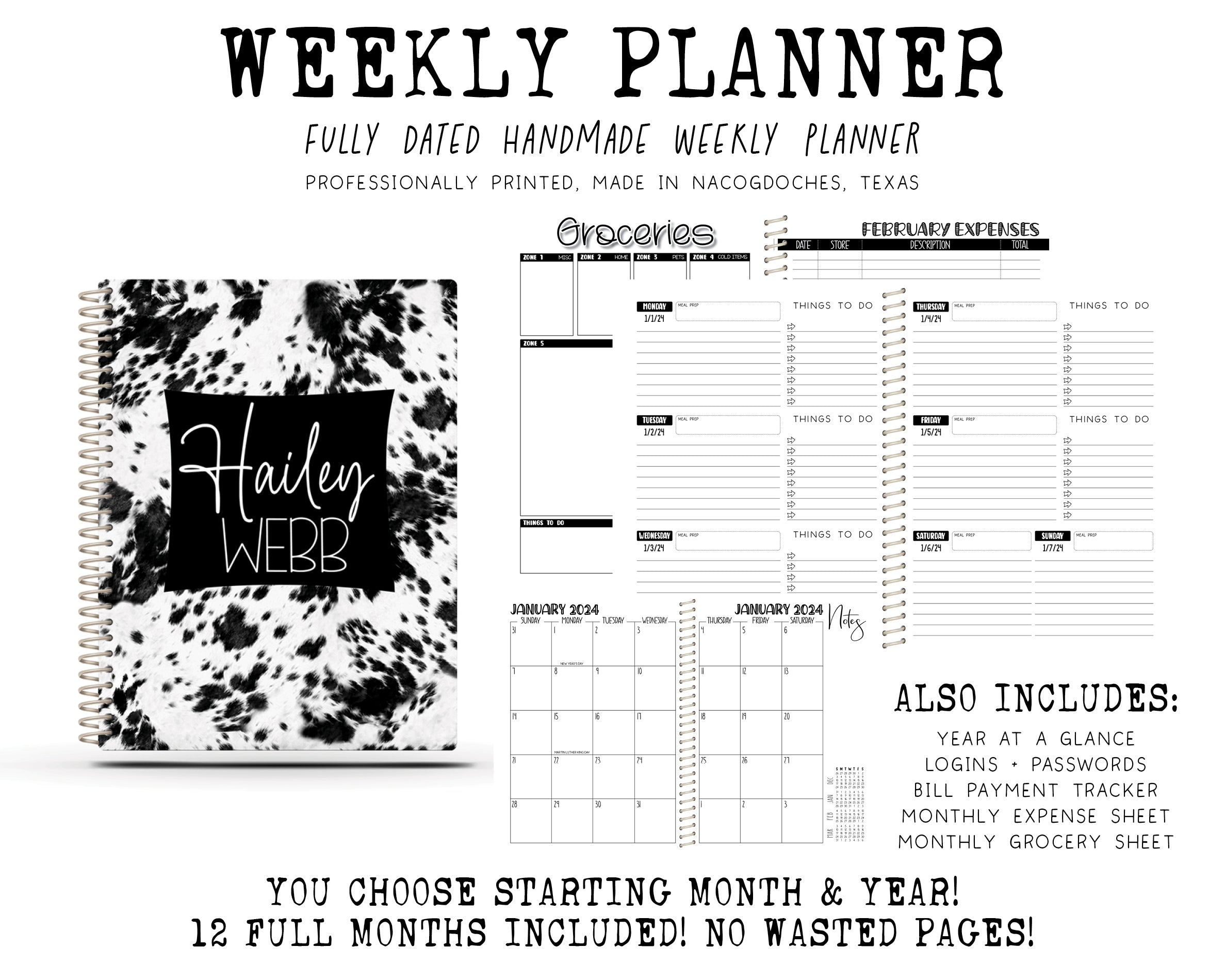 2024 Printed Weekly Planner - BLACK COWHIDE