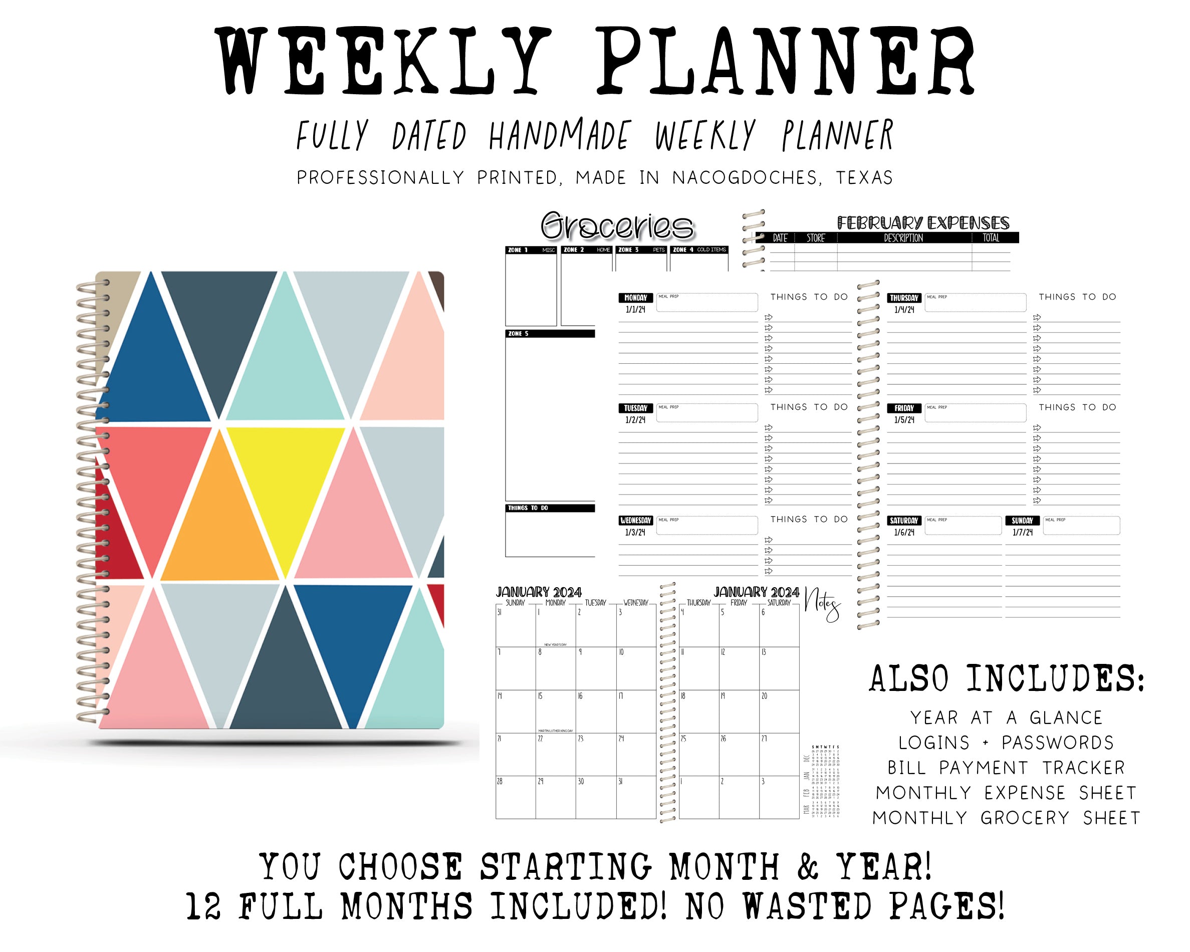 2024 Printed Weekly Planner - BRIGHT TRIANGLES