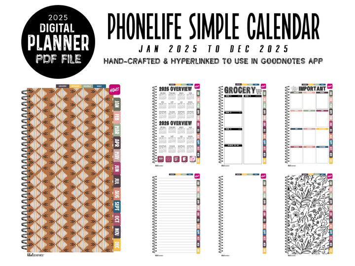 2025 PhoneLife Simple Calendar Digital Planner | JAN 2025 TO DEC 2025 | BURNT ORANGE MUDCLOTH