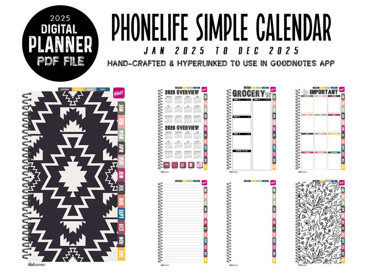 2025 PhoneLife Simple Calendar Digital Planner | JAN 2025 TO DEC 2025 | BW AZTEC