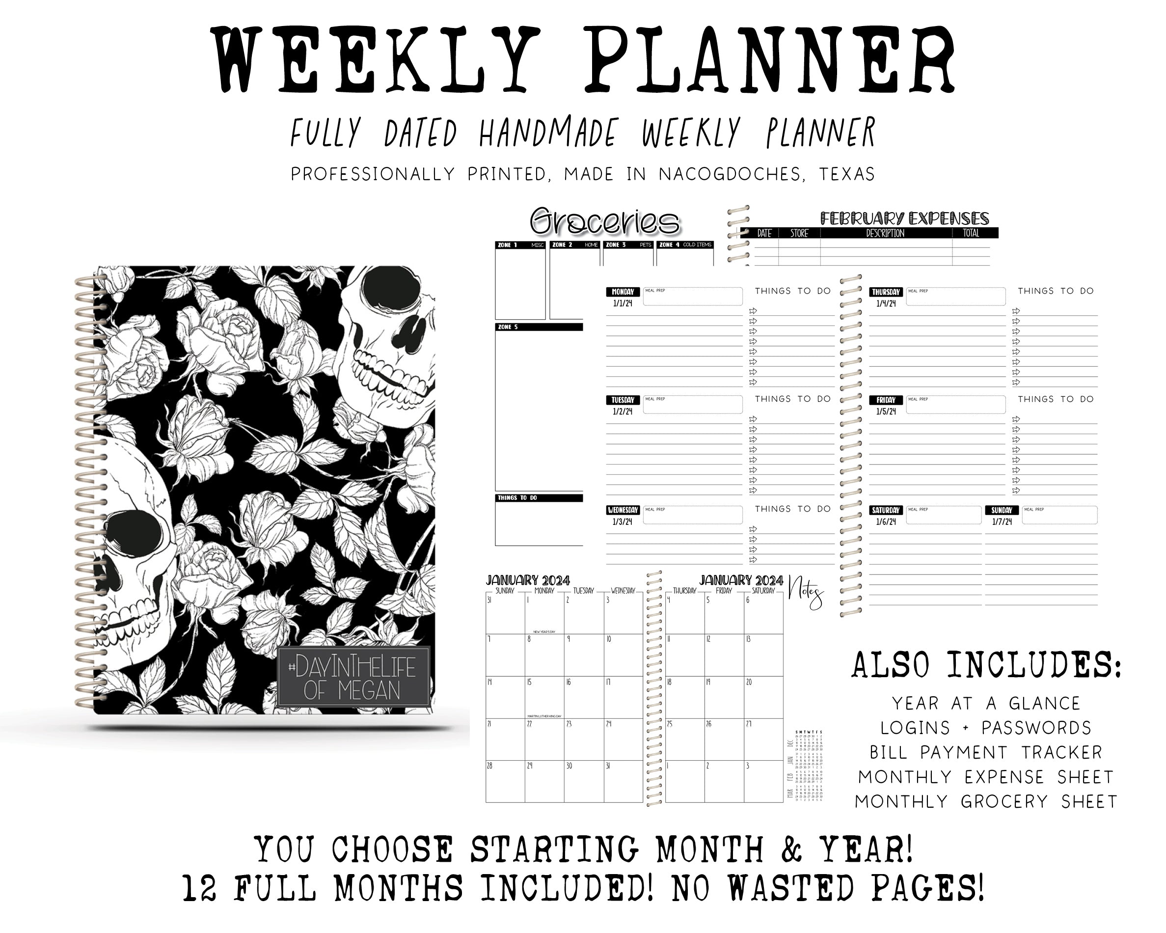 2024 Printed Weekly Planner - BW SKULLS