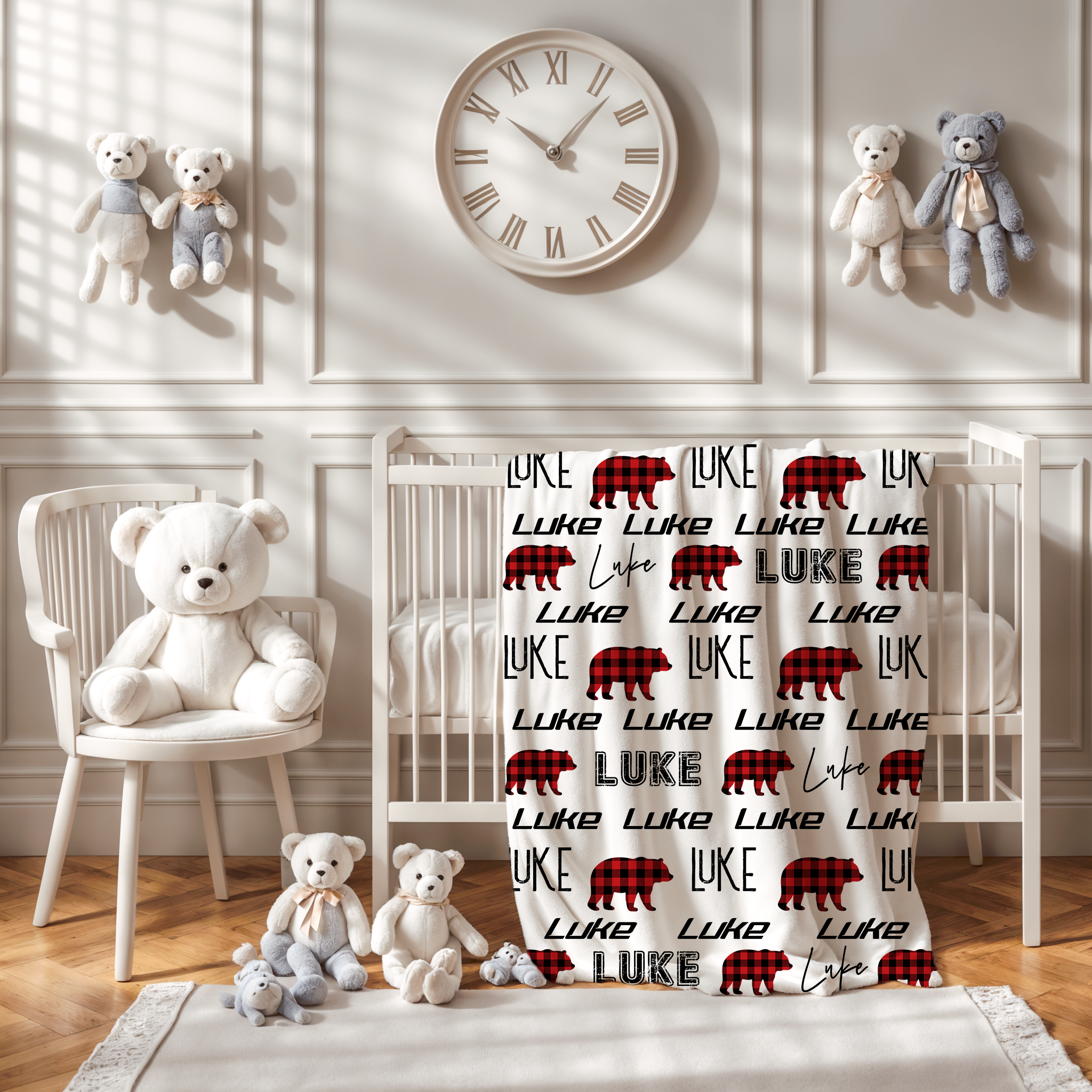 Custom Velveteen Name Blanket | BUFFALO PLAID BEAR