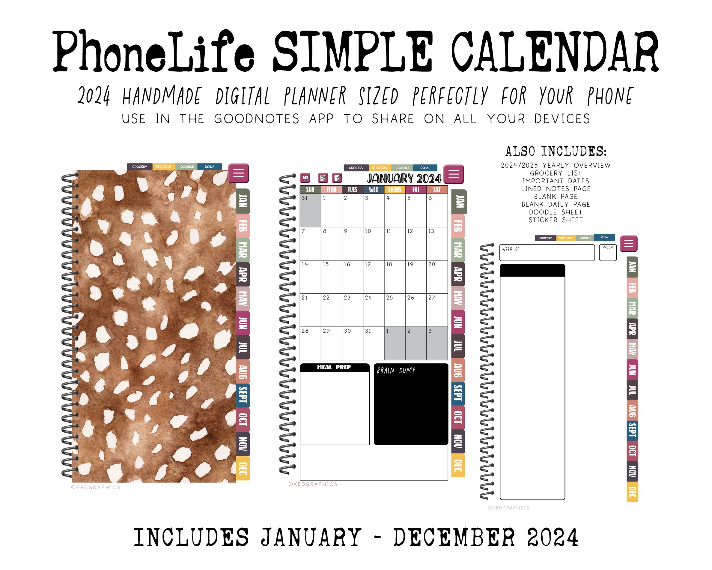 2024 PhoneLife Simple Calendar Digital Planner - FAWN PRINT