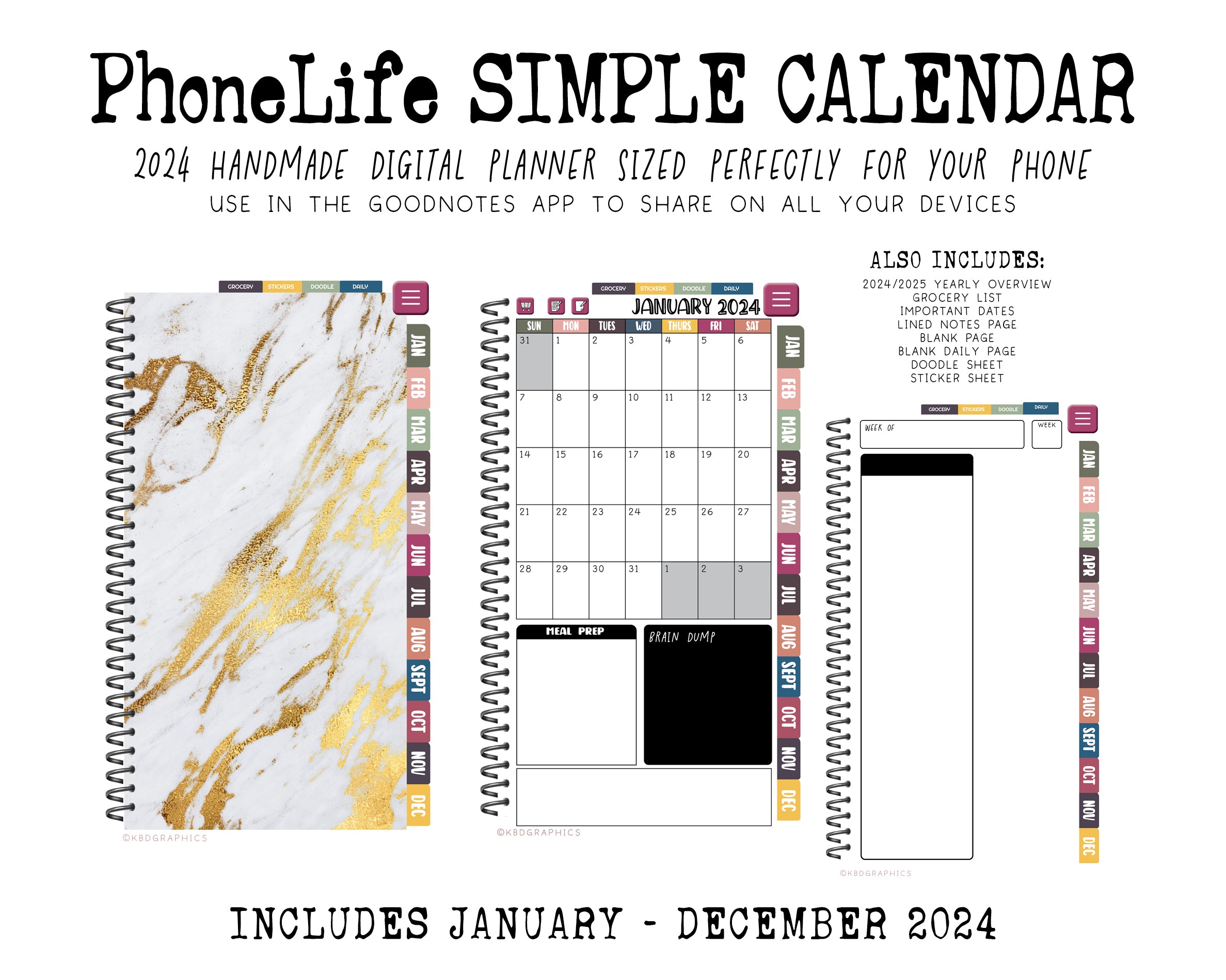 2024 PhoneLife Simple Calendar Digital Planner - GOLD MARBLE