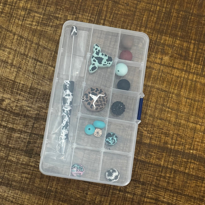 Bead Bar DIY Beaded Pen Kit | BW COWPRINT PEN | AQUA OLLIE + RODEO BROWN BULLSKULL